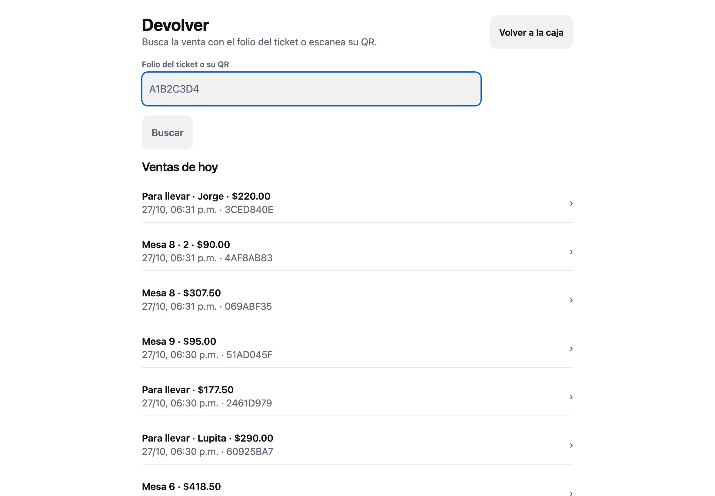 La pantalla Devolver con la búsqueda por folio y la lista de las ventas de hoy