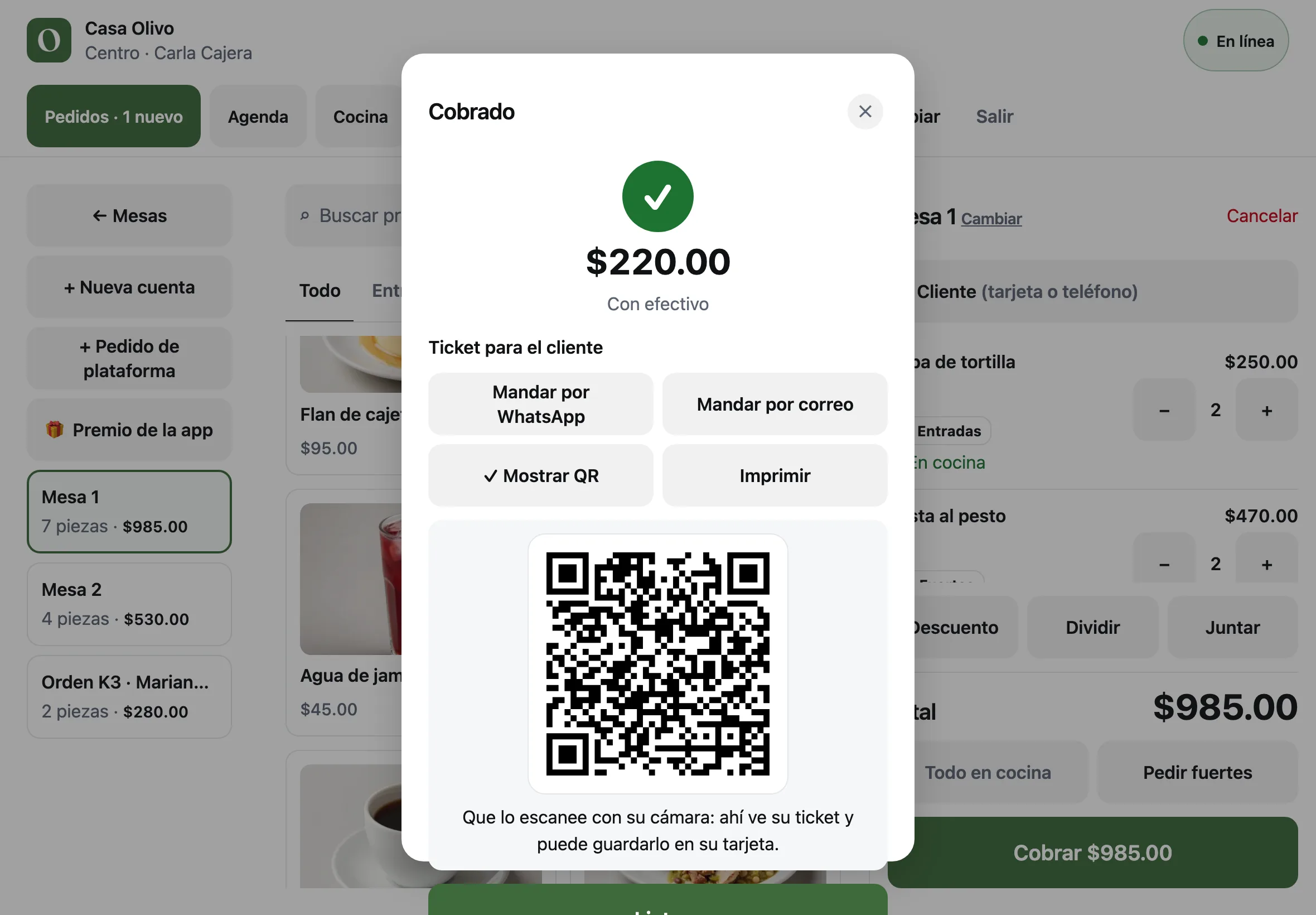 La ventana Cobrado con Mostrar QR elegido: un código QR para que el cliente abra su ticket