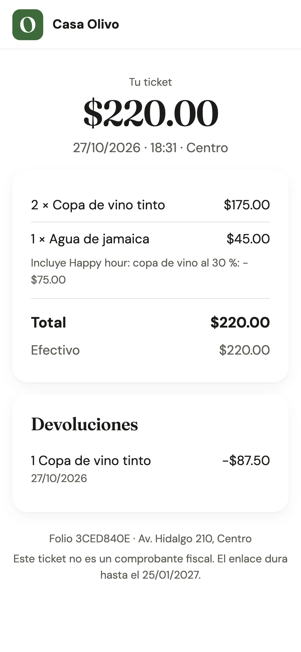 El ticket digital de Casa Olivo en un celular: dos copas de vino y un agua de jamaica por $295.00 en efectivo, y la devolución de una copa
