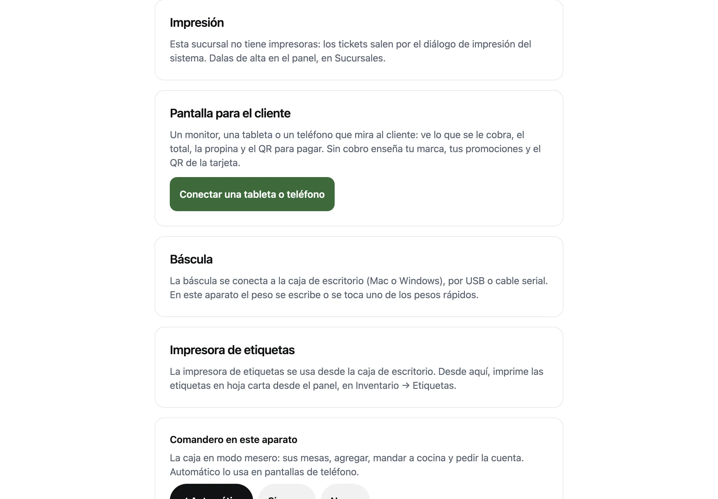 La pantalla Caja de una tableta con las partes Impresión, Pantalla para el cliente, Báscula e Impresora de etiquetas