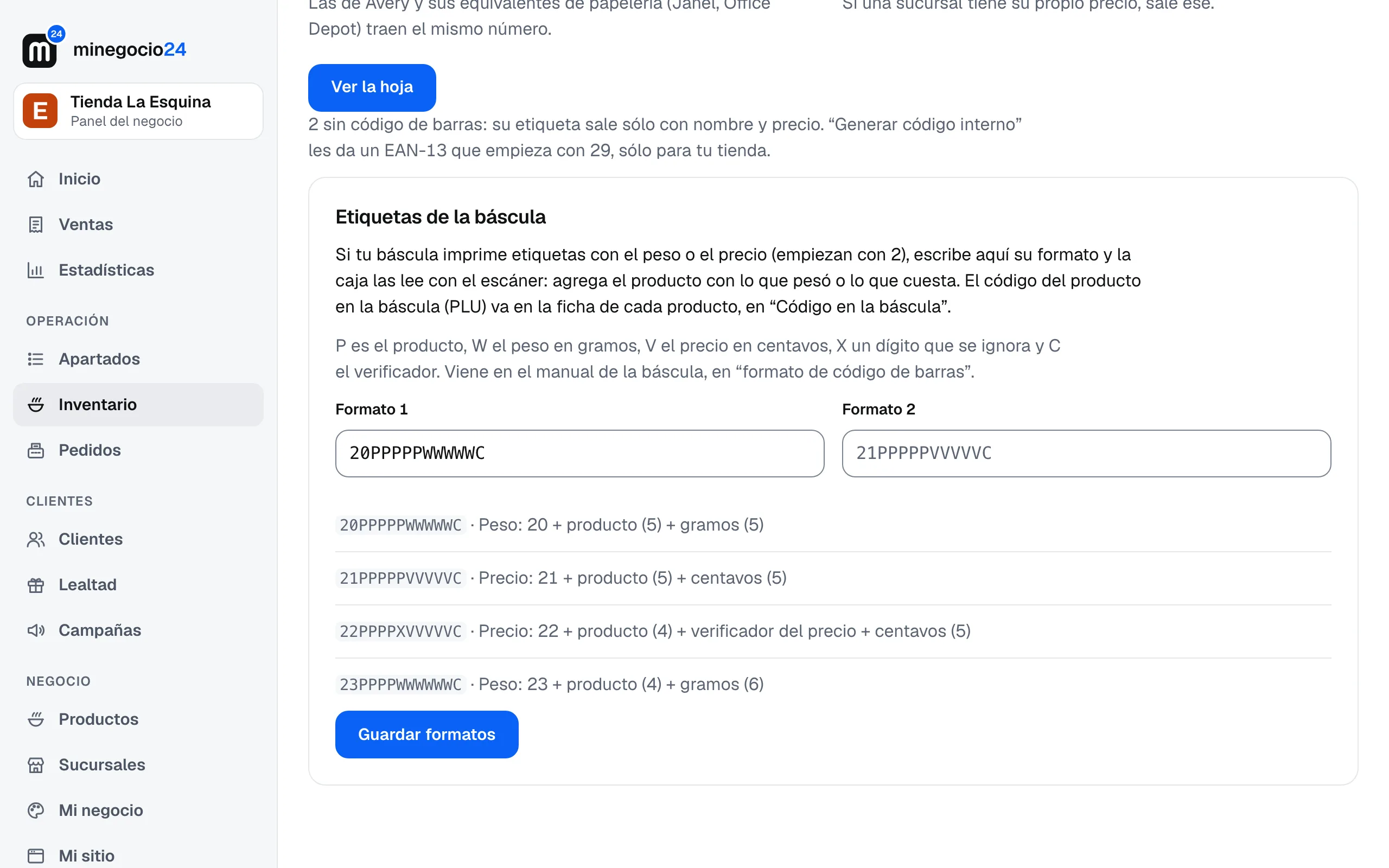 Las etiquetas de la báscula en el panel: el formato 20PPPPPWWWWWC y la lista de formatos comunes