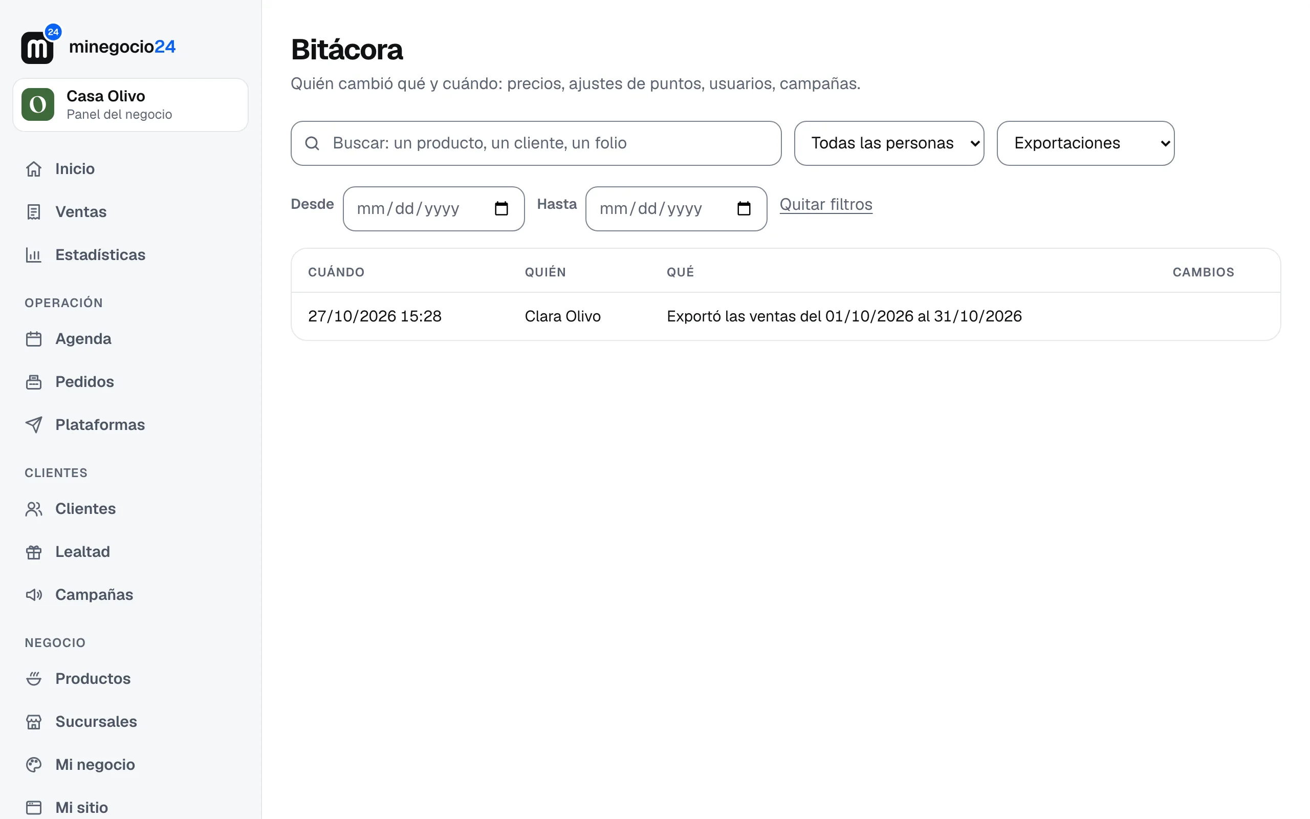 La bitácora filtrada por Exportaciones, con quién exportó las ventas del mes