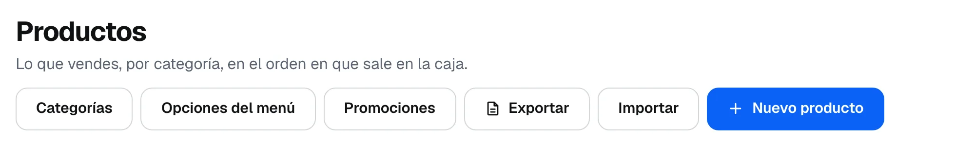 El encabezado de Productos con los botones Categorías, Opciones del menú, Promociones, Exportar, Importar y Nuevo producto