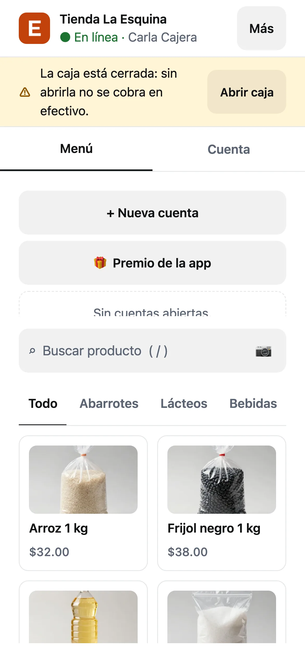 La caja de Tienda La Esquina en un celular, con las pestañas Menú y Cuenta y el botón Más