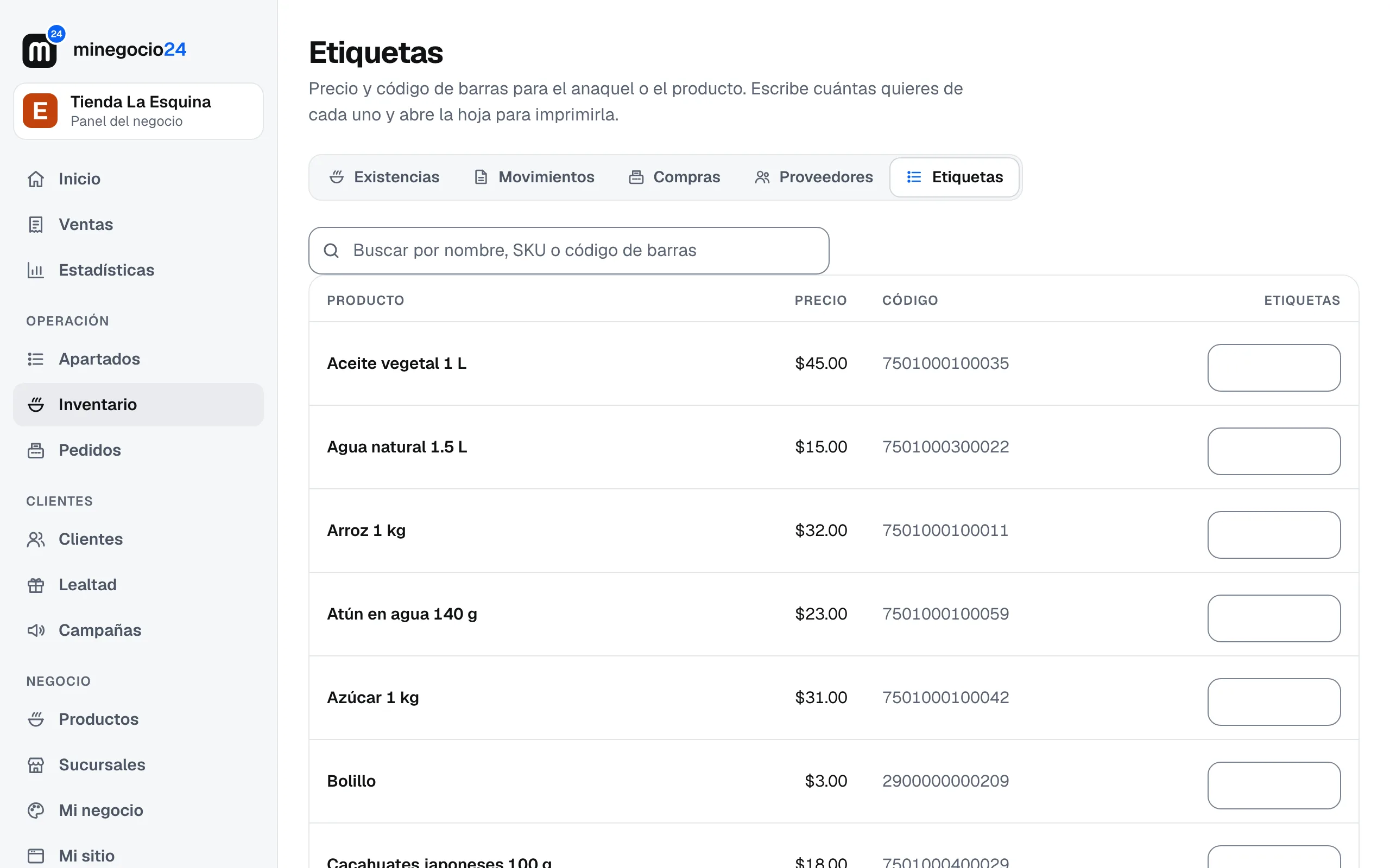 La pestaña Etiquetas con cada producto, su precio, su código y una casilla para escribir cuántas etiquetas