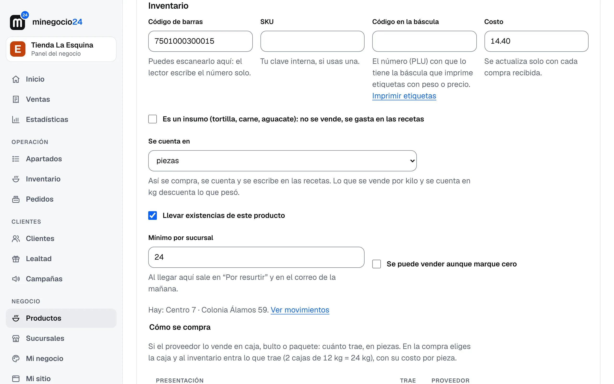 El bloque Inventario en la ficha del refresco: código de barras, costo, se cuenta en piezas, llevar existencias marcado y mínimo de 24