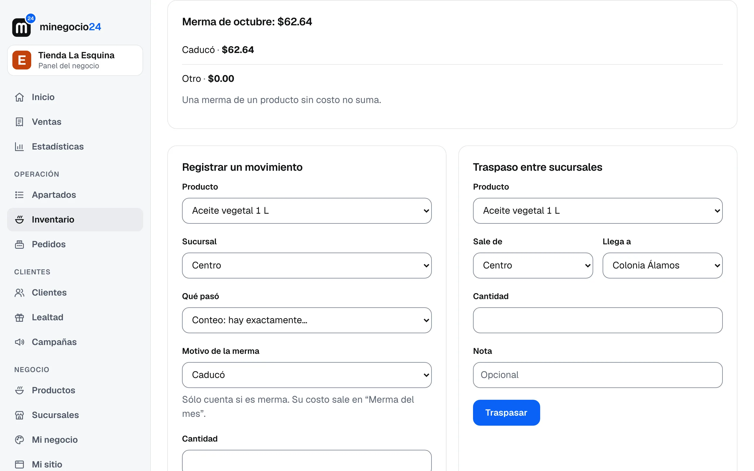 Merma de octubre con lo que caducó y los formularios para registrar un movimiento y un traspaso