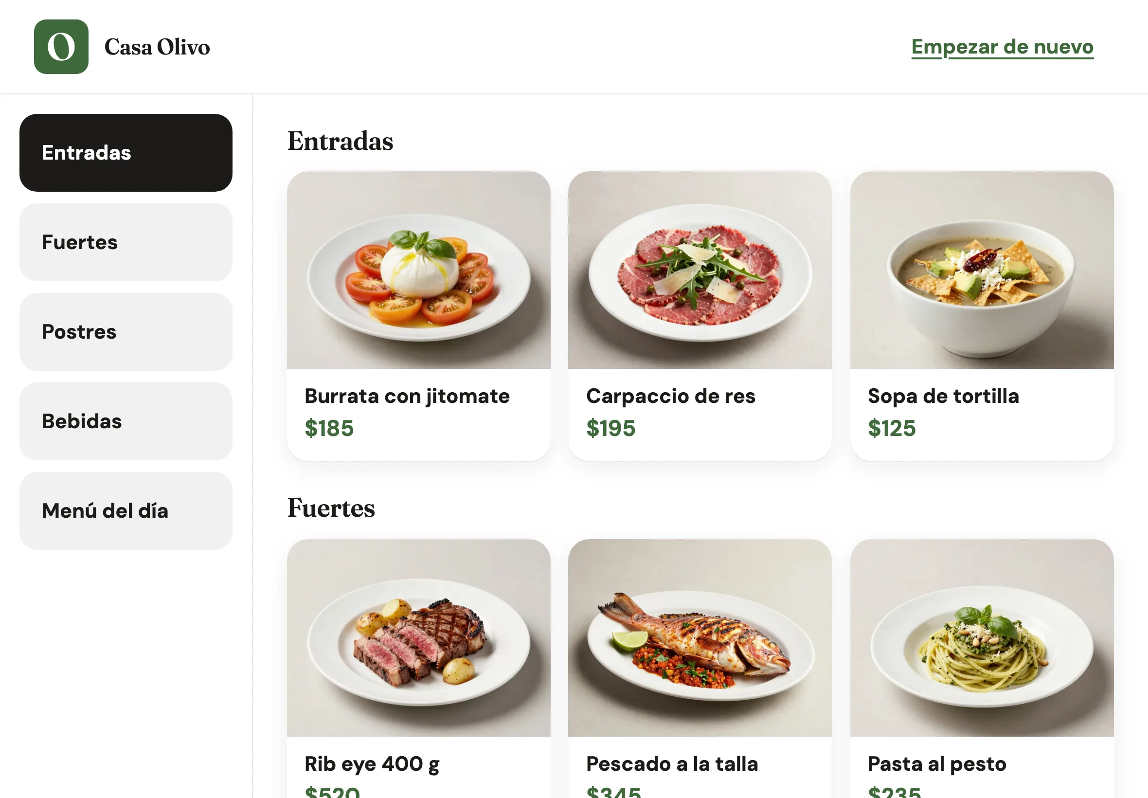 El menú del kiosko con las categorías a la izquierda y las entradas con su foto y su precio