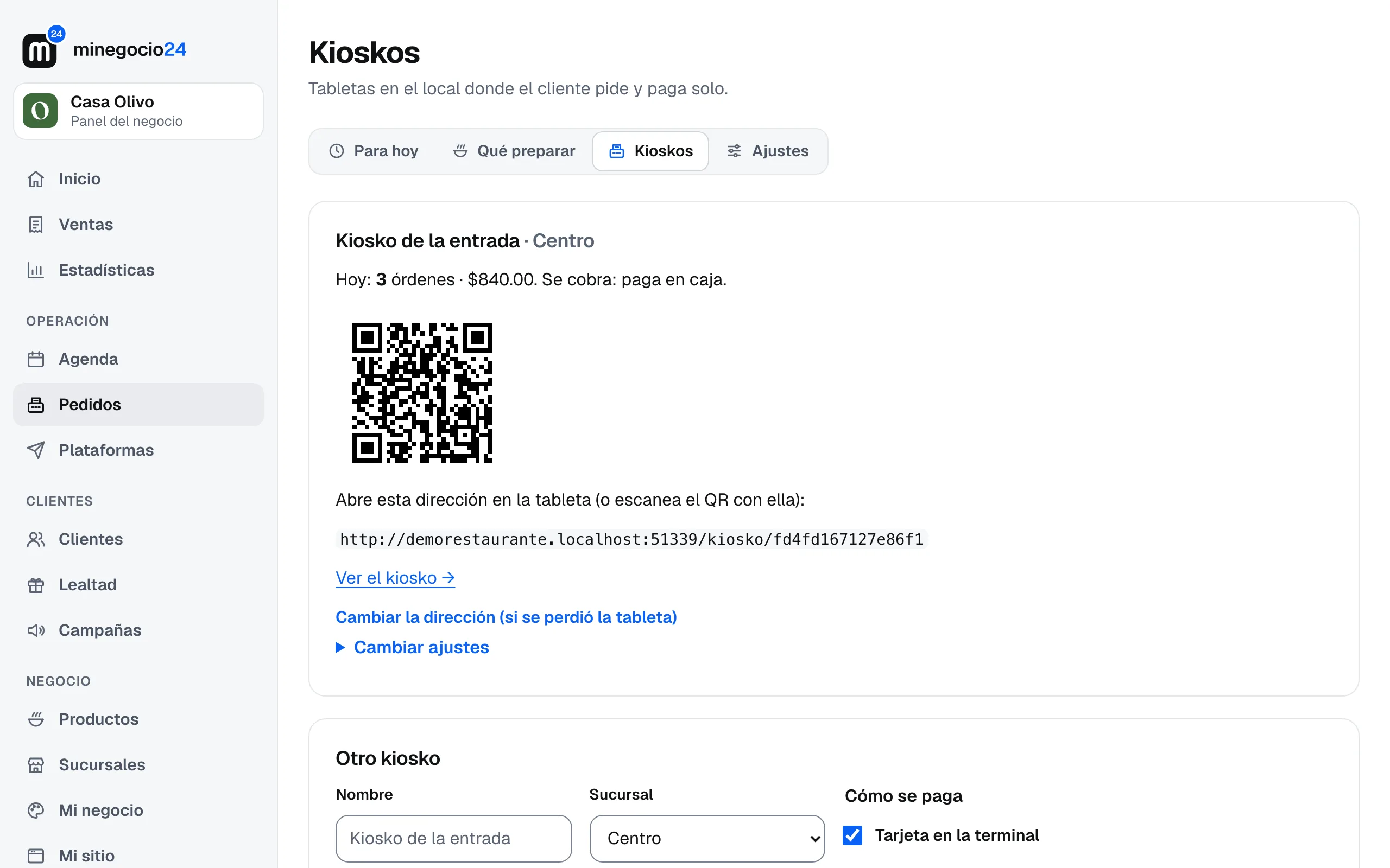 La página Kioskos del panel con el Kiosko de la entrada, sus órdenes de hoy, su QR y su dirección
