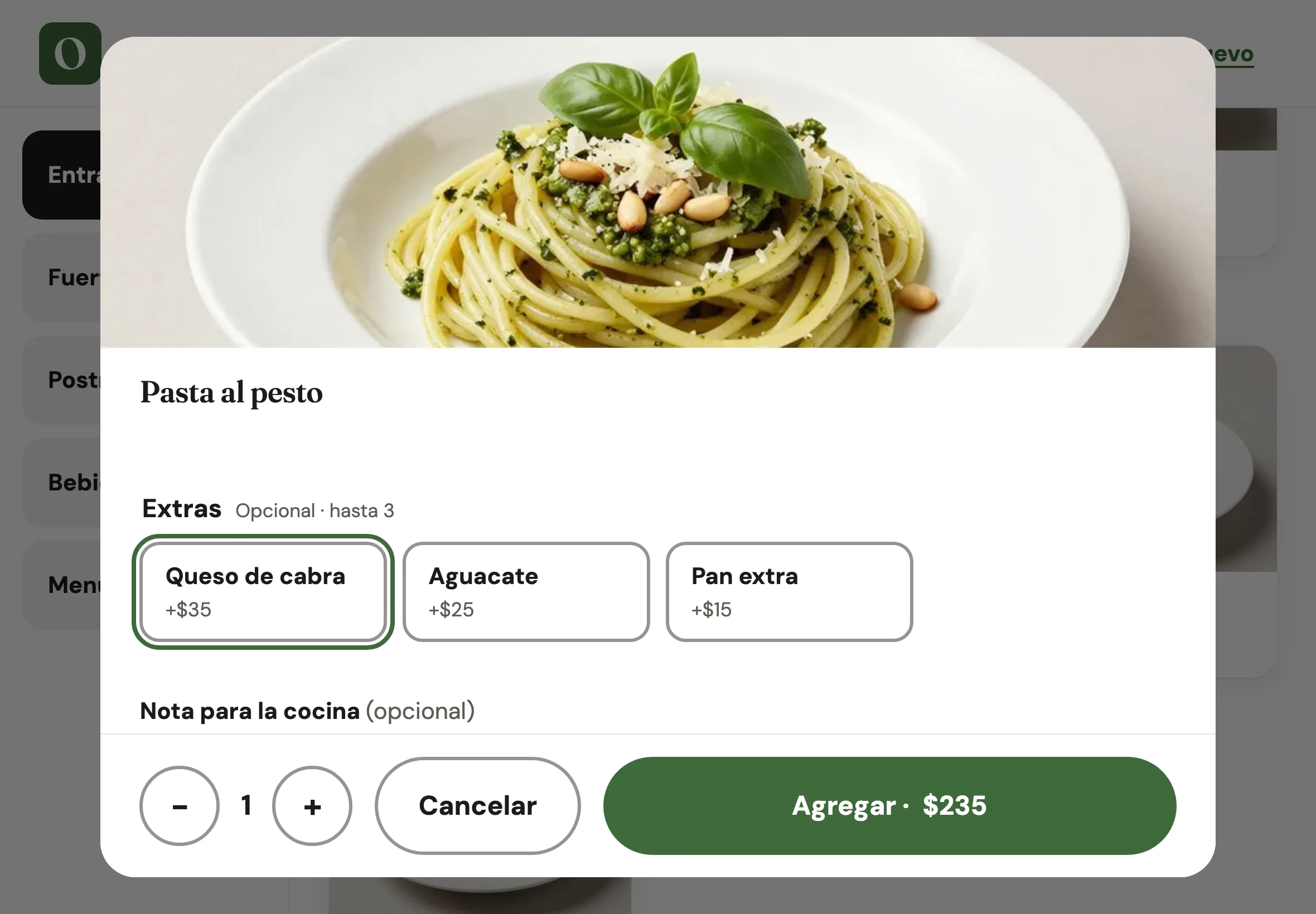 La hoja de Pasta al pesto con sus extras, la nota para la cocina, la cantidad y el botón Agregar