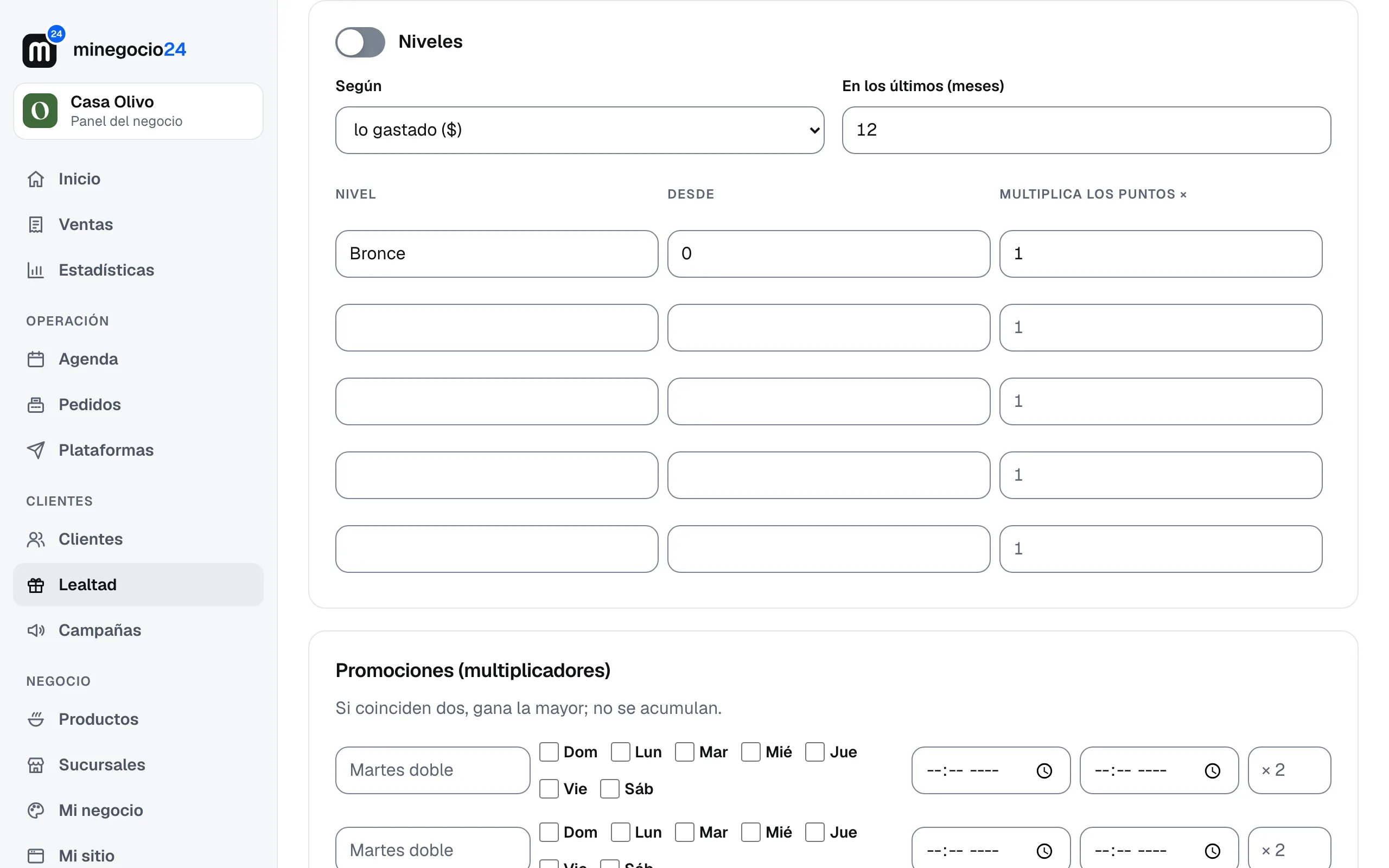 La tarjeta Niveles con la tabla de nivel, desde y multiplica los puntos, y debajo las Promociones (multiplicadores)