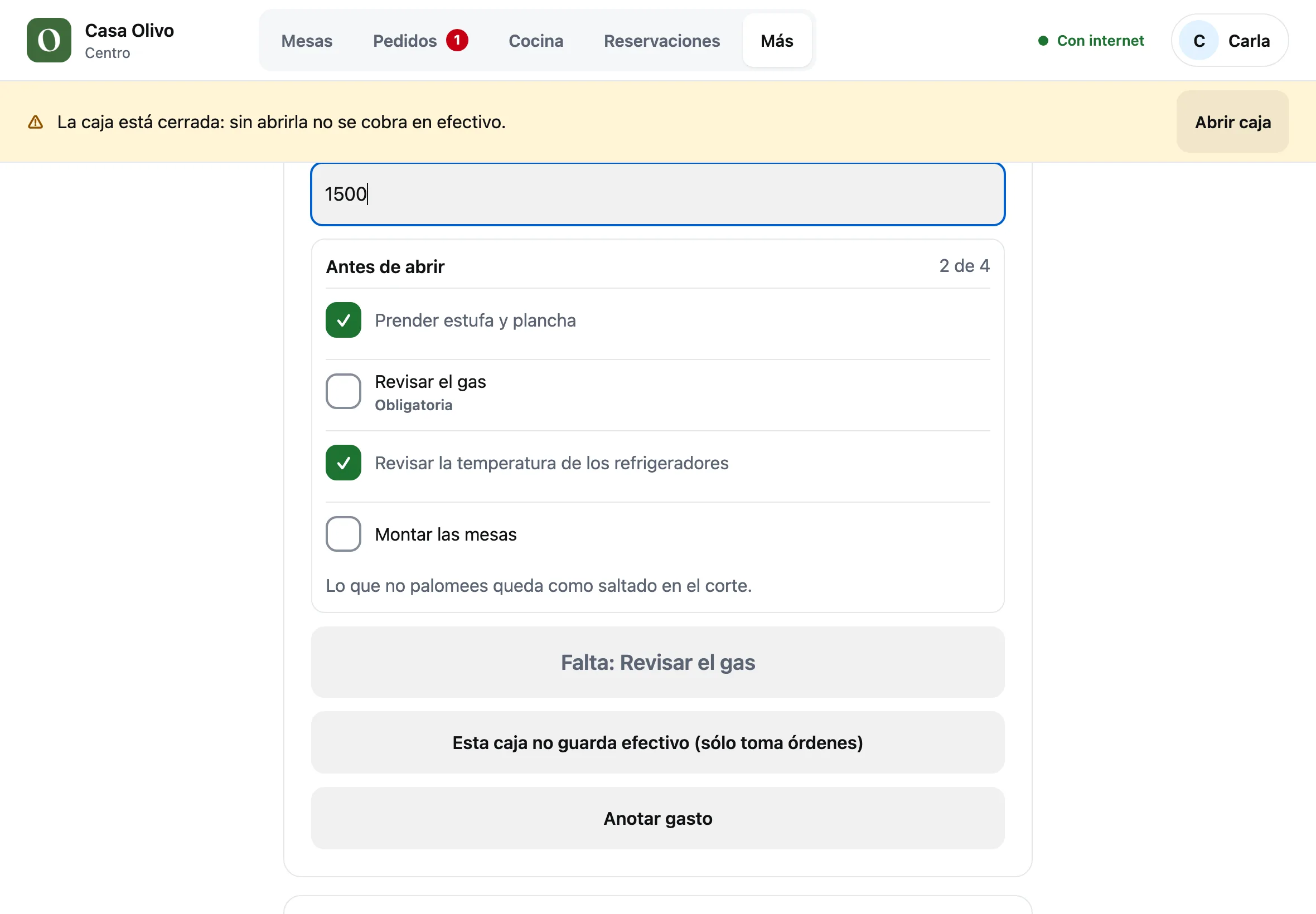 Abrir caja con el fondo de $1,500 y la lista Antes de abrir: dos tareas palomeadas, Revisar el gas obligatoria sin palomear y el botón Falta: Revisar el gas