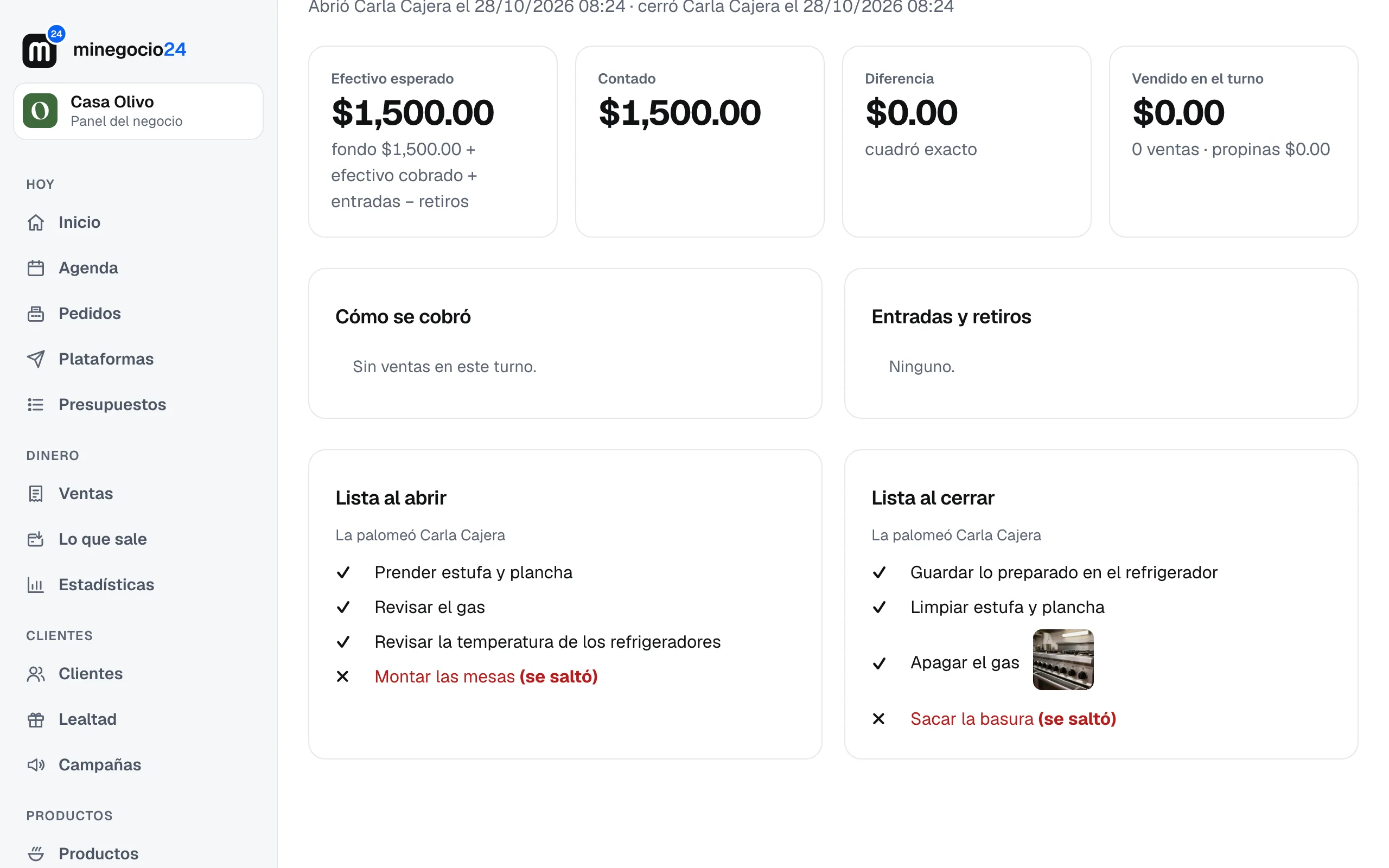 El corte de Caja 1 con la lista al abrir completa y la lista al cerrar con la foto del gas apagado y Sacar la basura marcada como saltada
