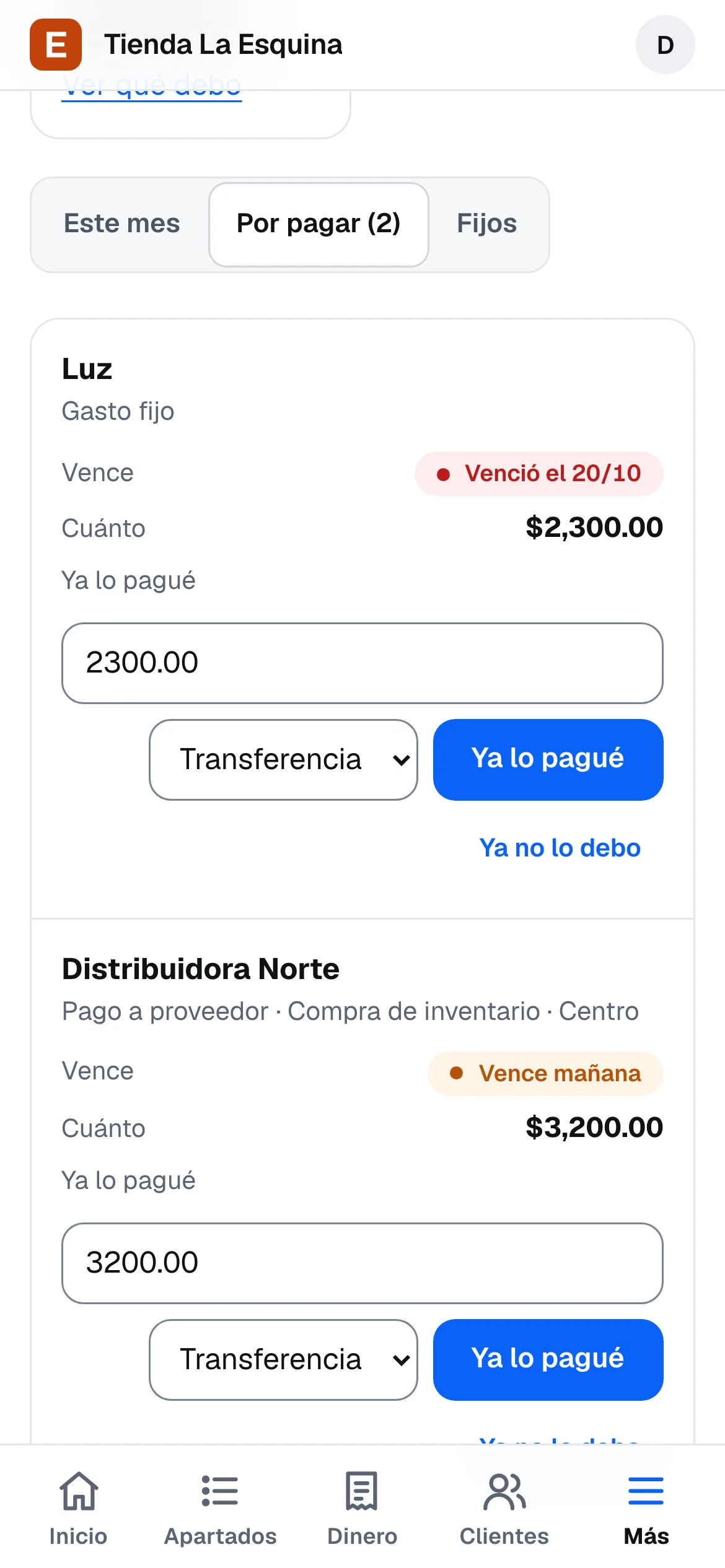 Por pagar en el celular: Distribuidora Norte vence mañana y la luz del mes, cada uno con su botón Ya lo pagué