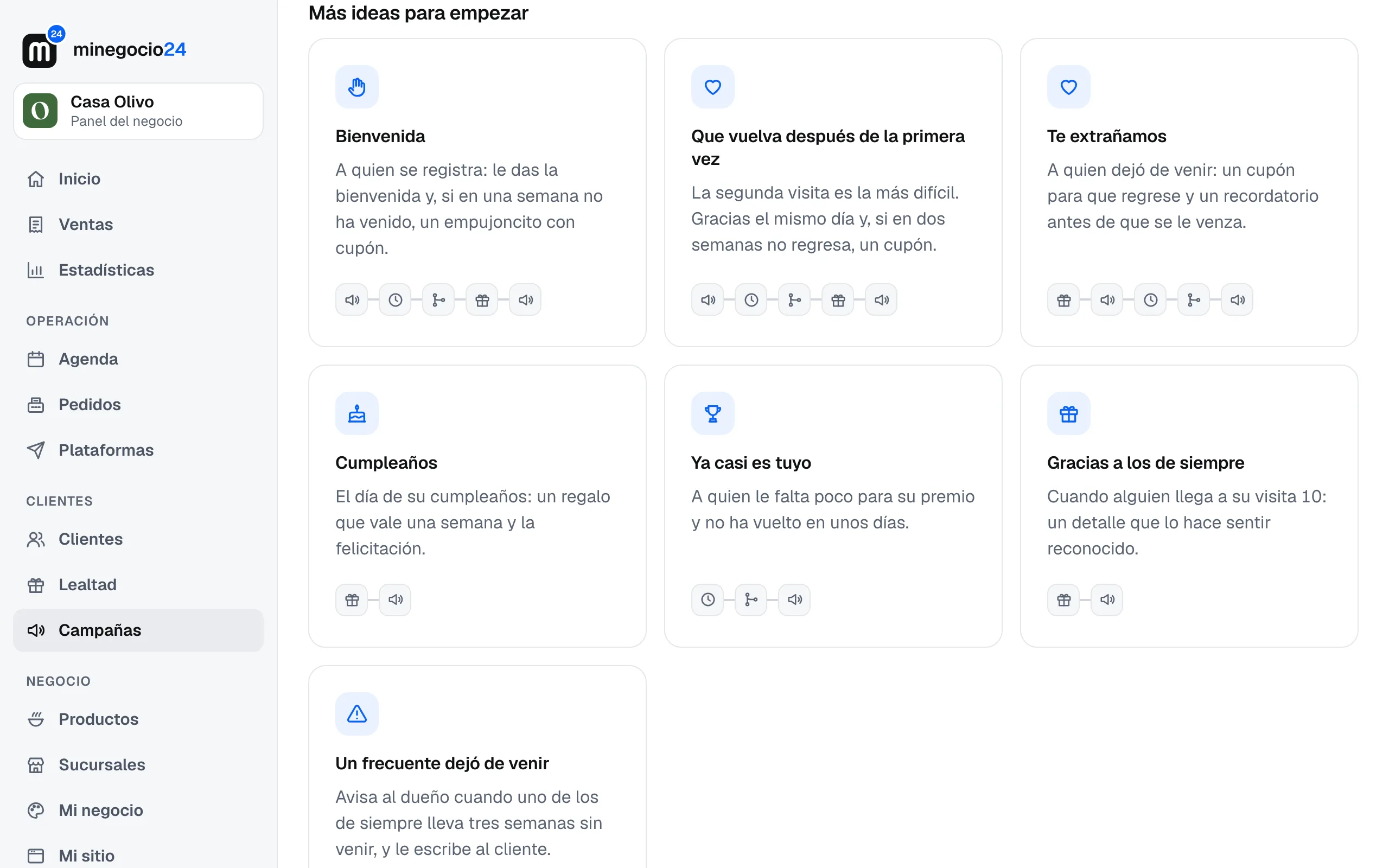 Las plantillas de Más ideas para empezar, cada una con su descripción y sus pasos