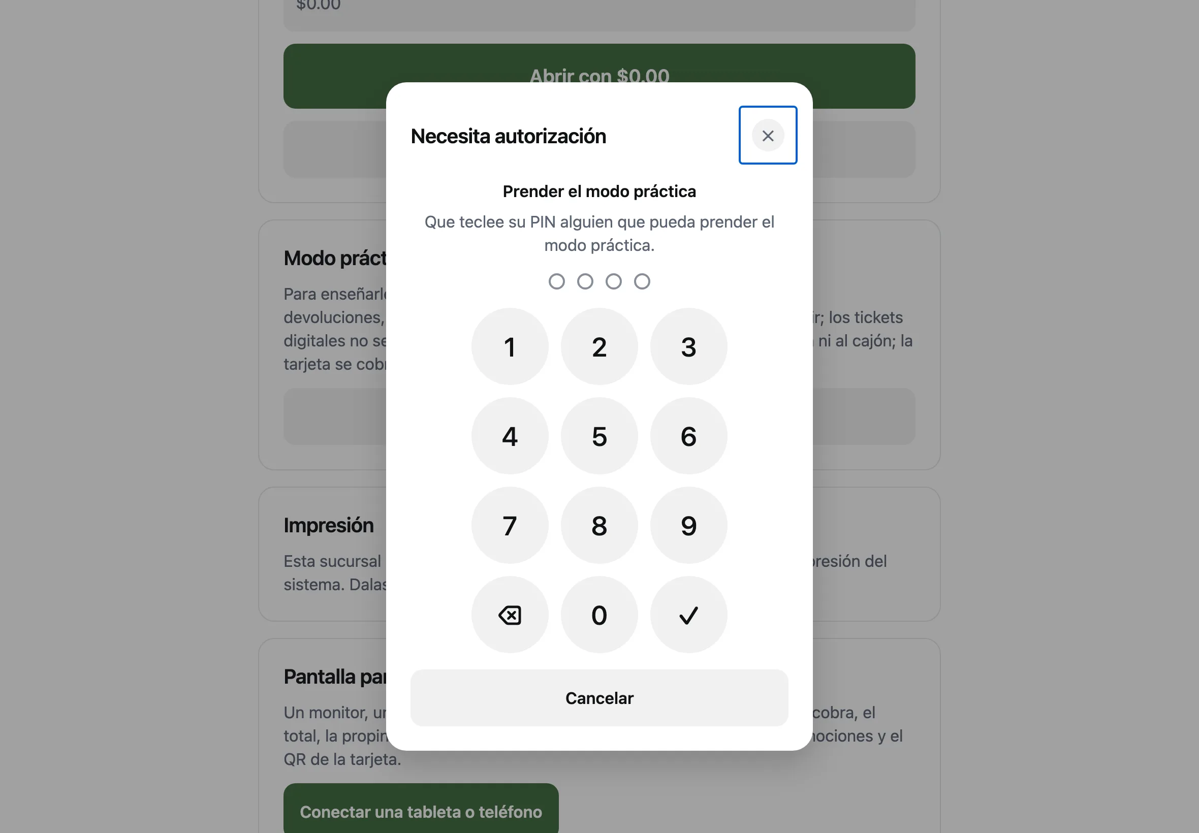 La ventana Necesita autorización para prender el modo práctica, con el teclado del PIN