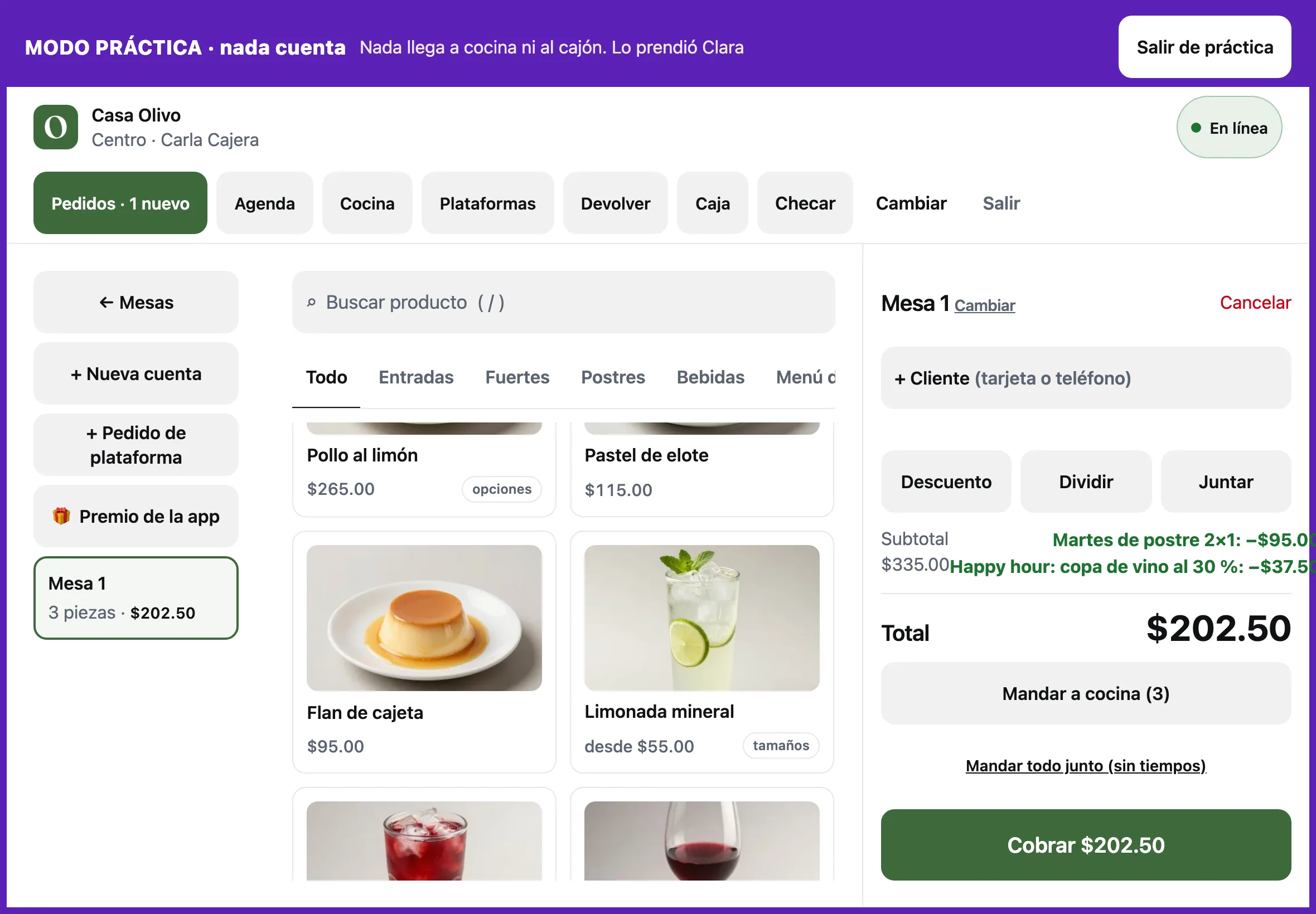 La caja de Casa Olivo en modo práctica: la banda violeta arriba, la mesa 1 abierta con postres, la promoción del día y el botón Cobrar