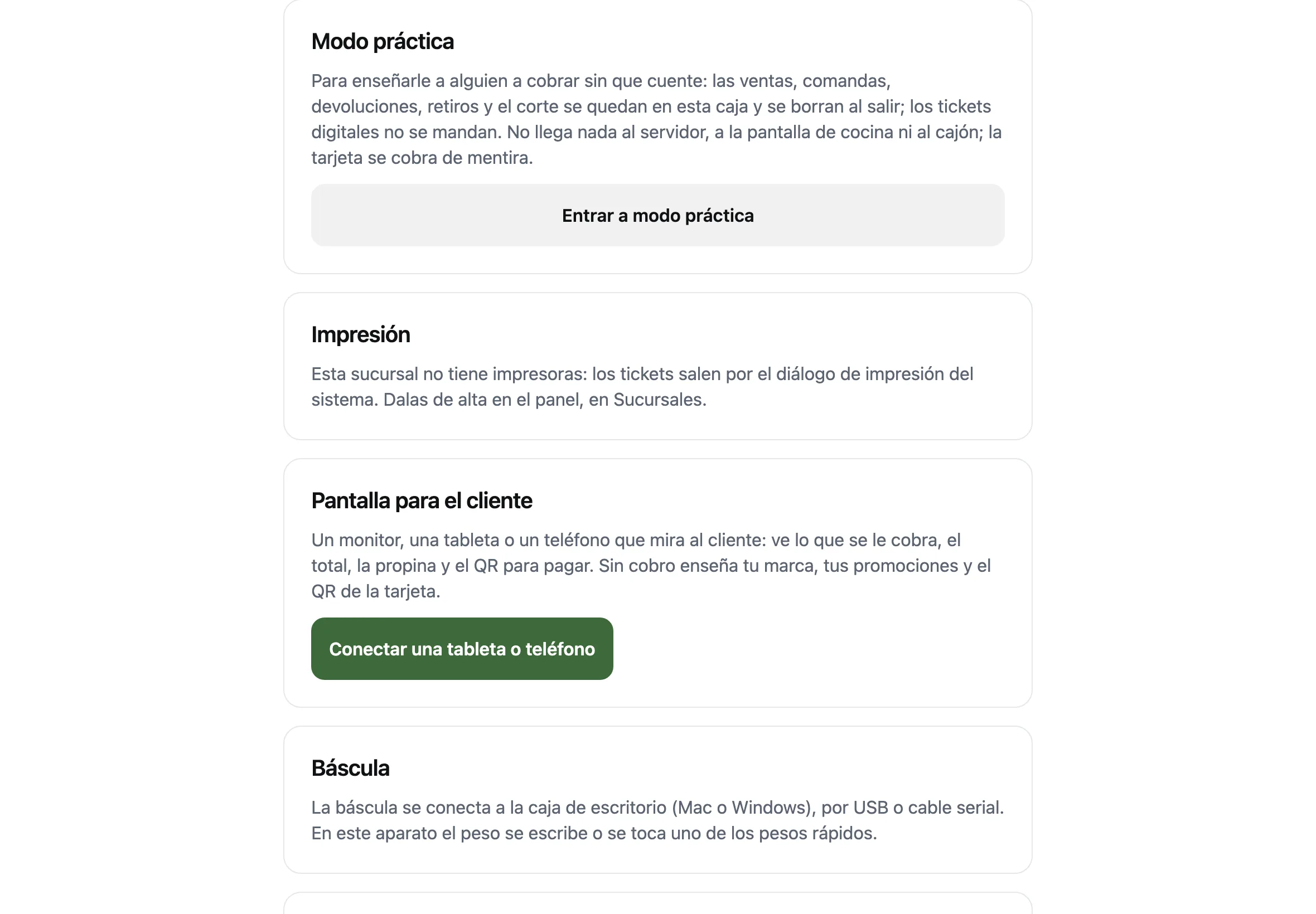 La parte Modo práctica en la pantalla Caja, con su explicación y el botón Entrar a modo práctica