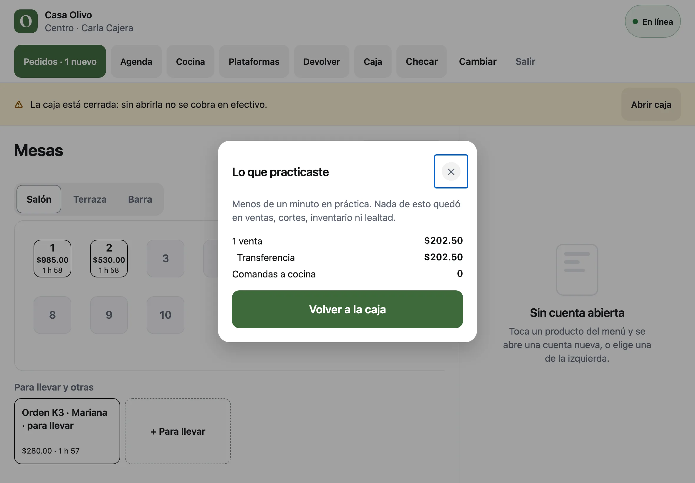 La ventana Lo que practicaste: 1 venta de $240.00 por transferencia y 0 comandas a cocina