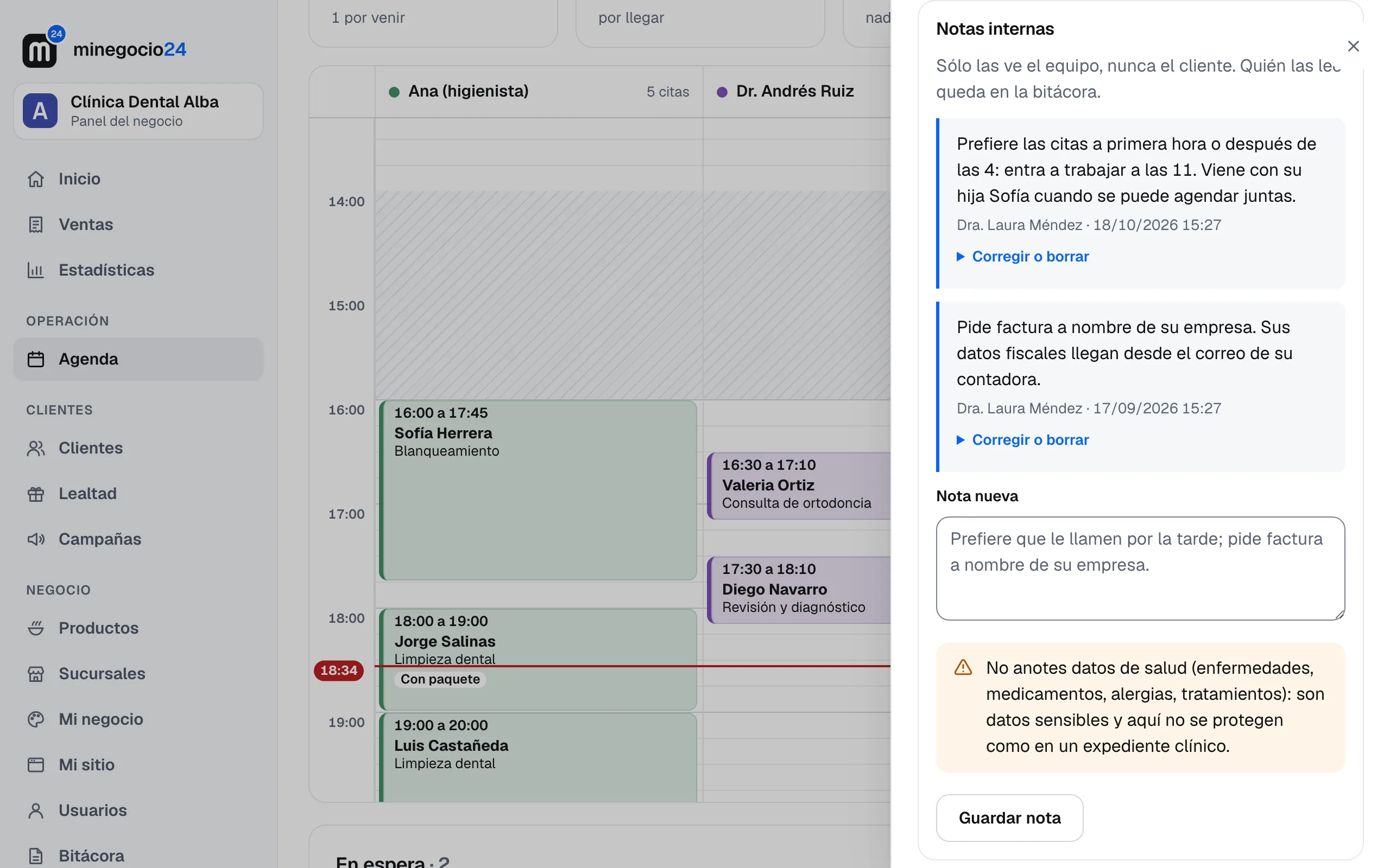 La cita de Mariana Torres abierta en la agenda con sus notas internas y el espacio para escribir una nota nueva