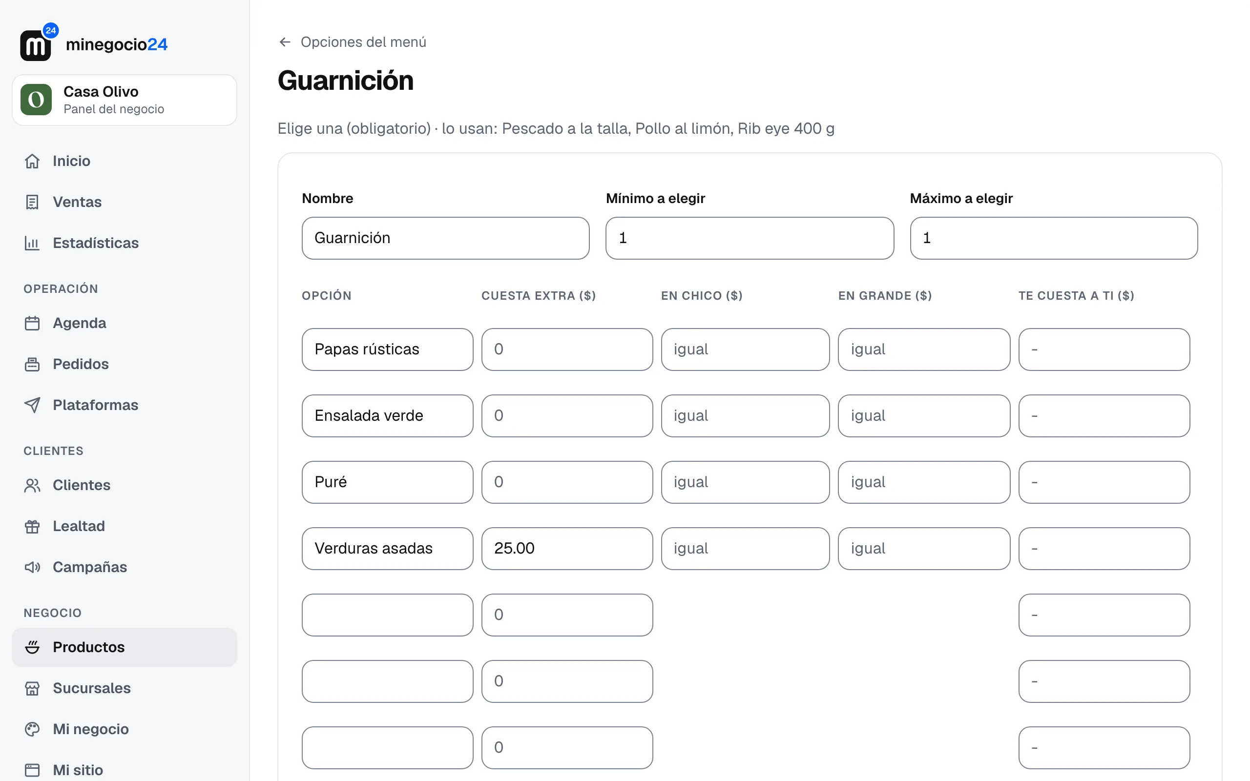El grupo Guarnición: papas rústicas, ensalada verde y puré sin costo, y verduras asadas con $25 extra