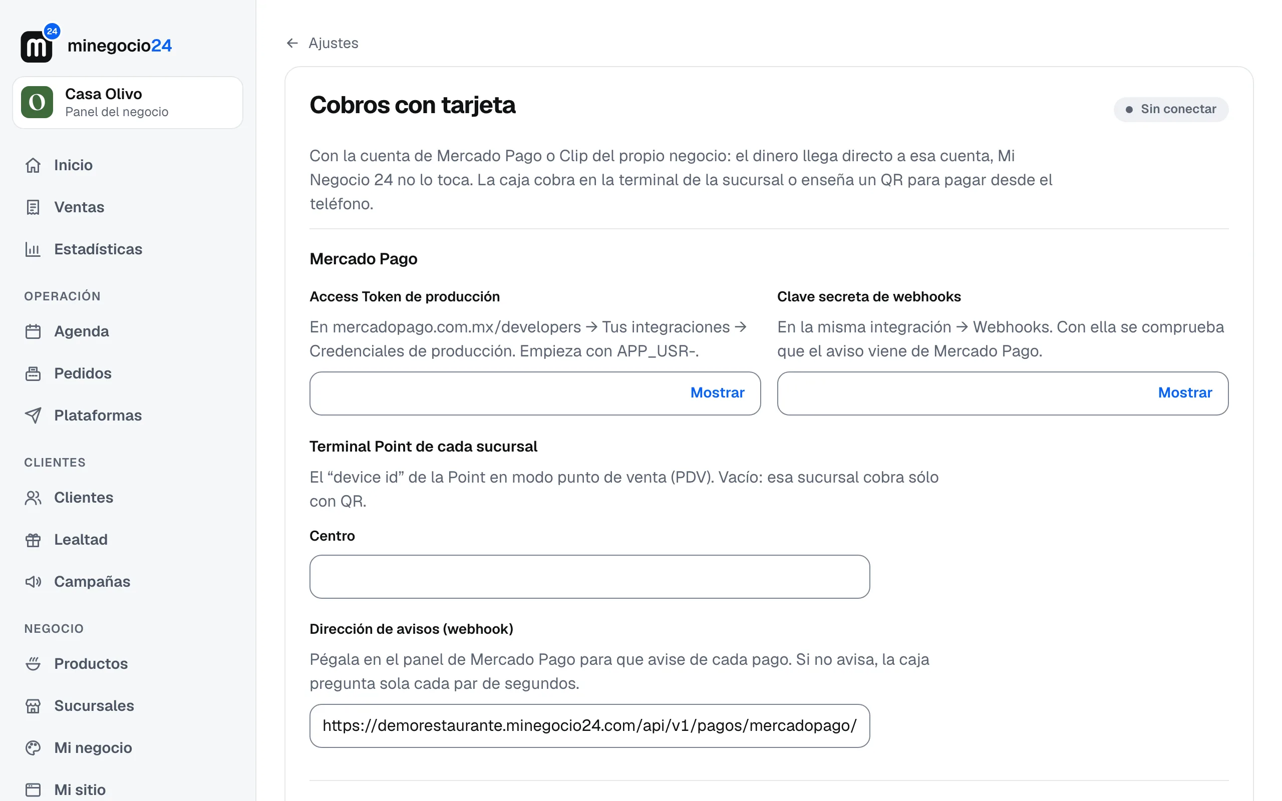 La sección Cobros con tarjeta con los campos de Mercado Pago: Access Token, clave de webhooks, terminal de la sucursal y dirección de avisos