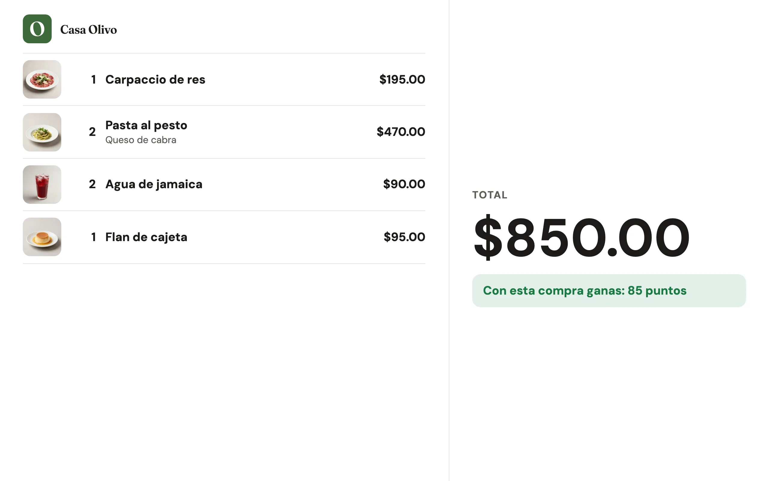 La pantalla para el cliente durante un cobro: los platillos con su foto, el total de 850 pesos y los puntos que gana