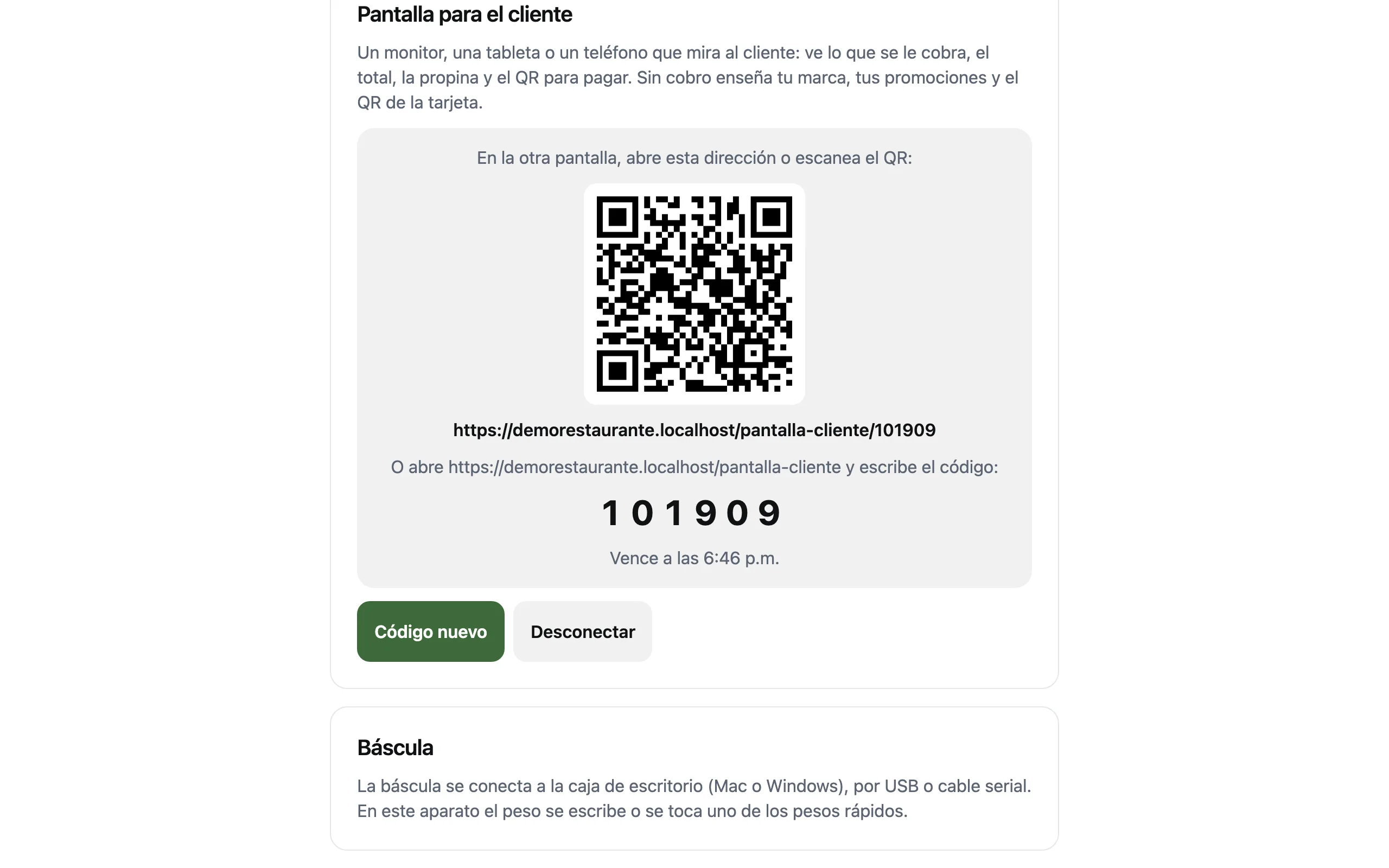 La sección Pantalla para el cliente de la caja con el QR, la dirección y el código de 6 números para emparejar