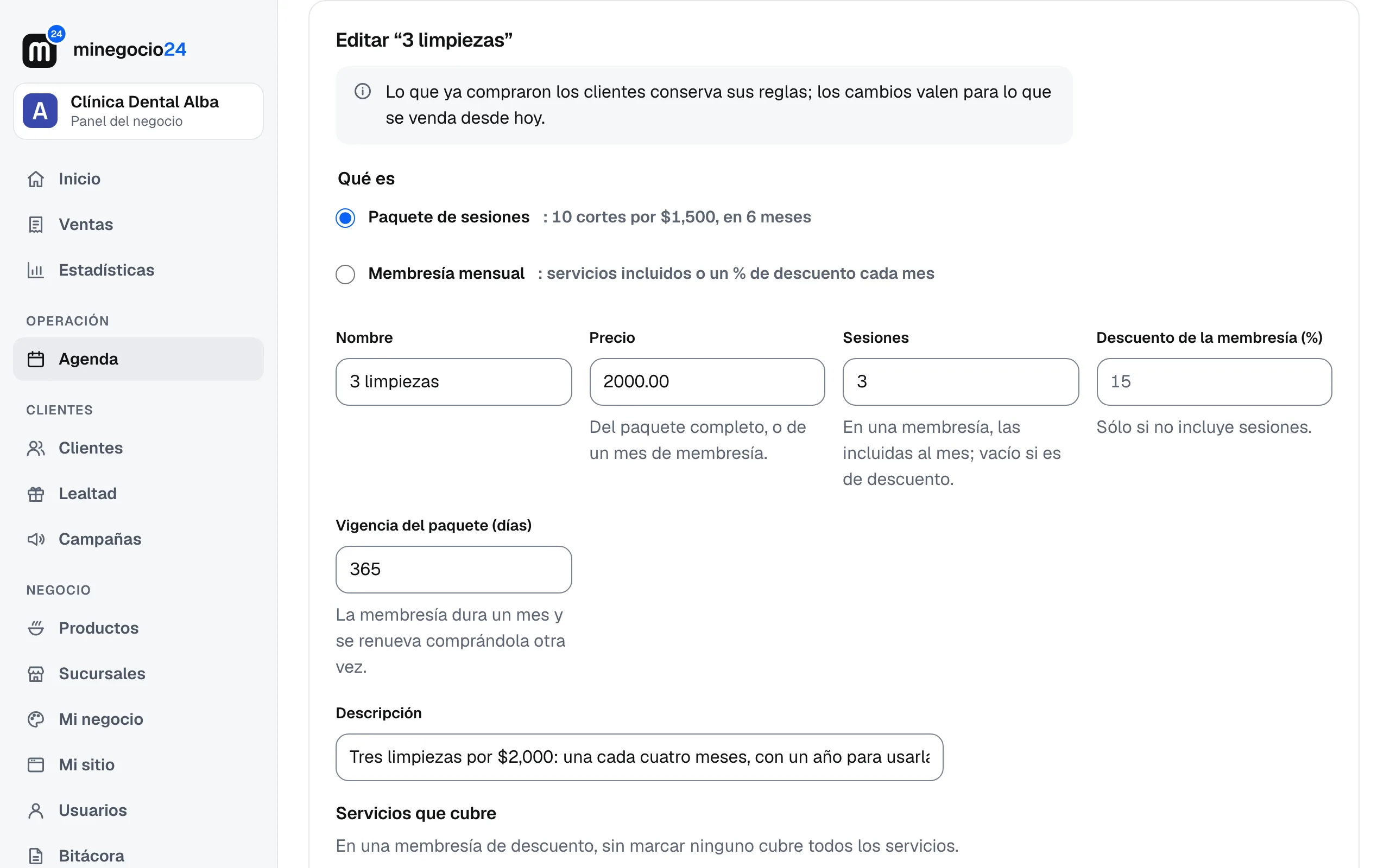 El formulario para editar 3 limpiezas: paquete de sesiones, precio 2000.00, 3 sesiones, 365 días de vigencia y su descripción