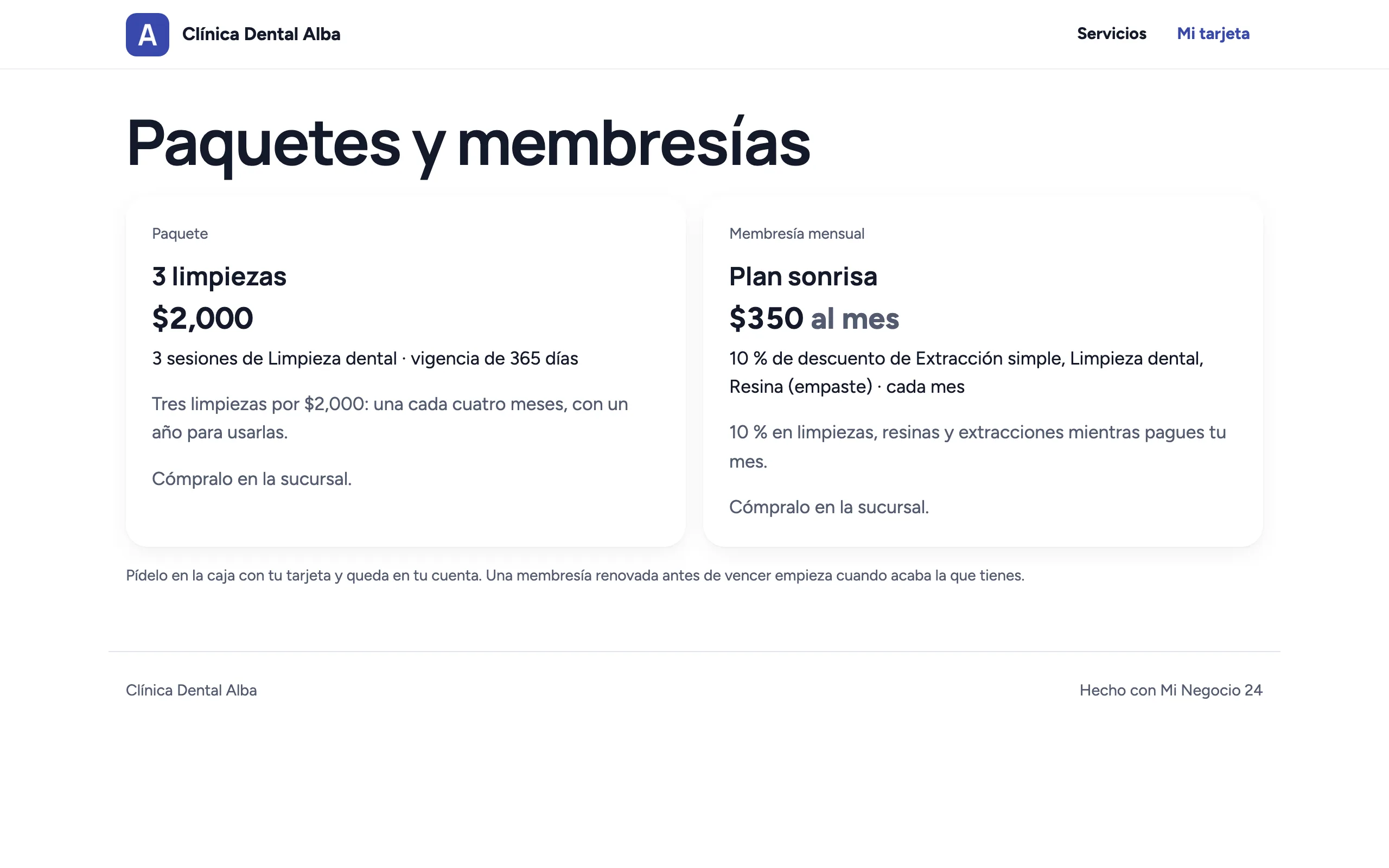 La página Paquetes y membresías del sitio de Clínica Dental Alba con 3 limpiezas por $2,000 y Plan sonrisa por $350 al mes
