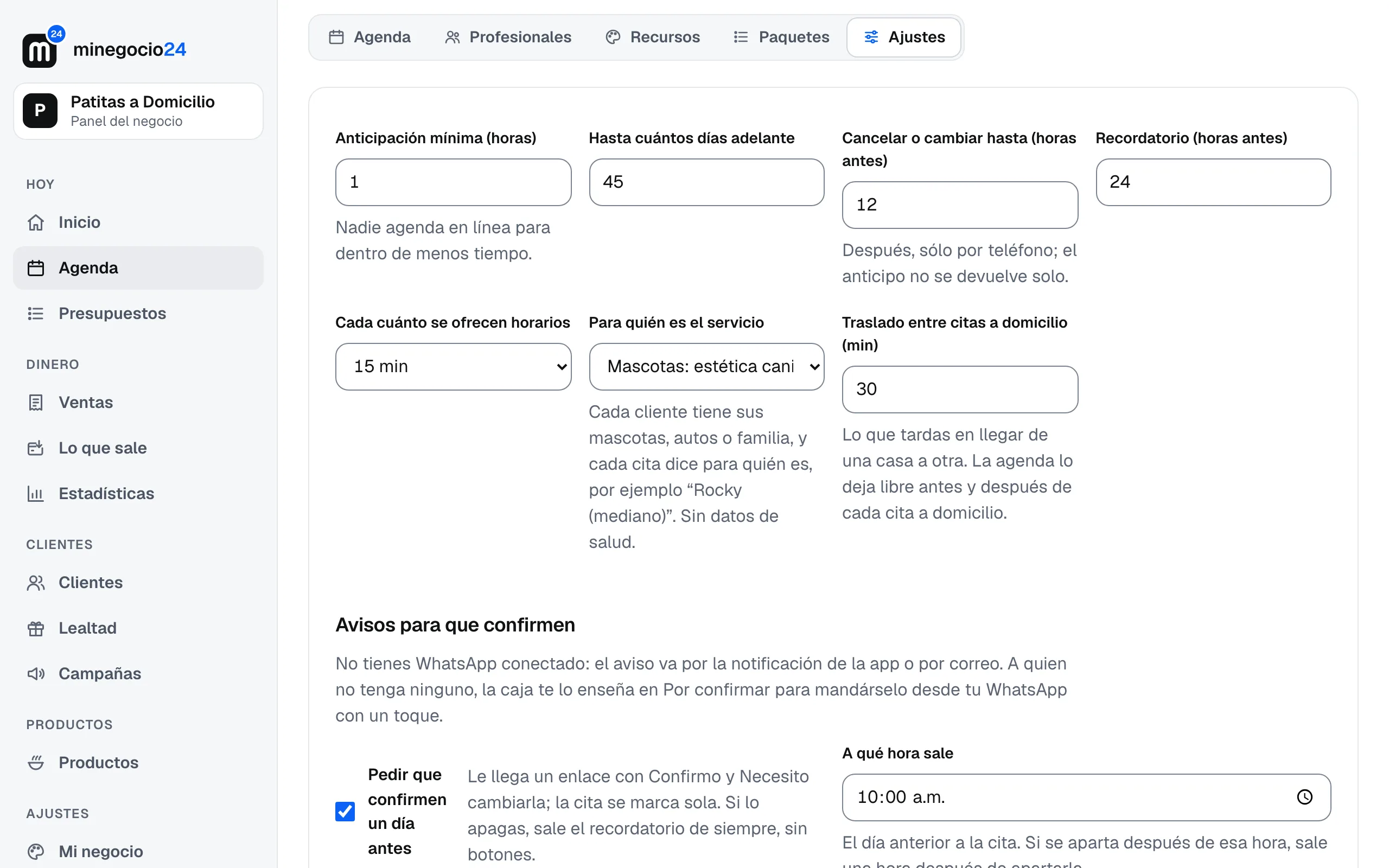 Los ajustes de la agenda con Para quién es el servicio en Mascotas