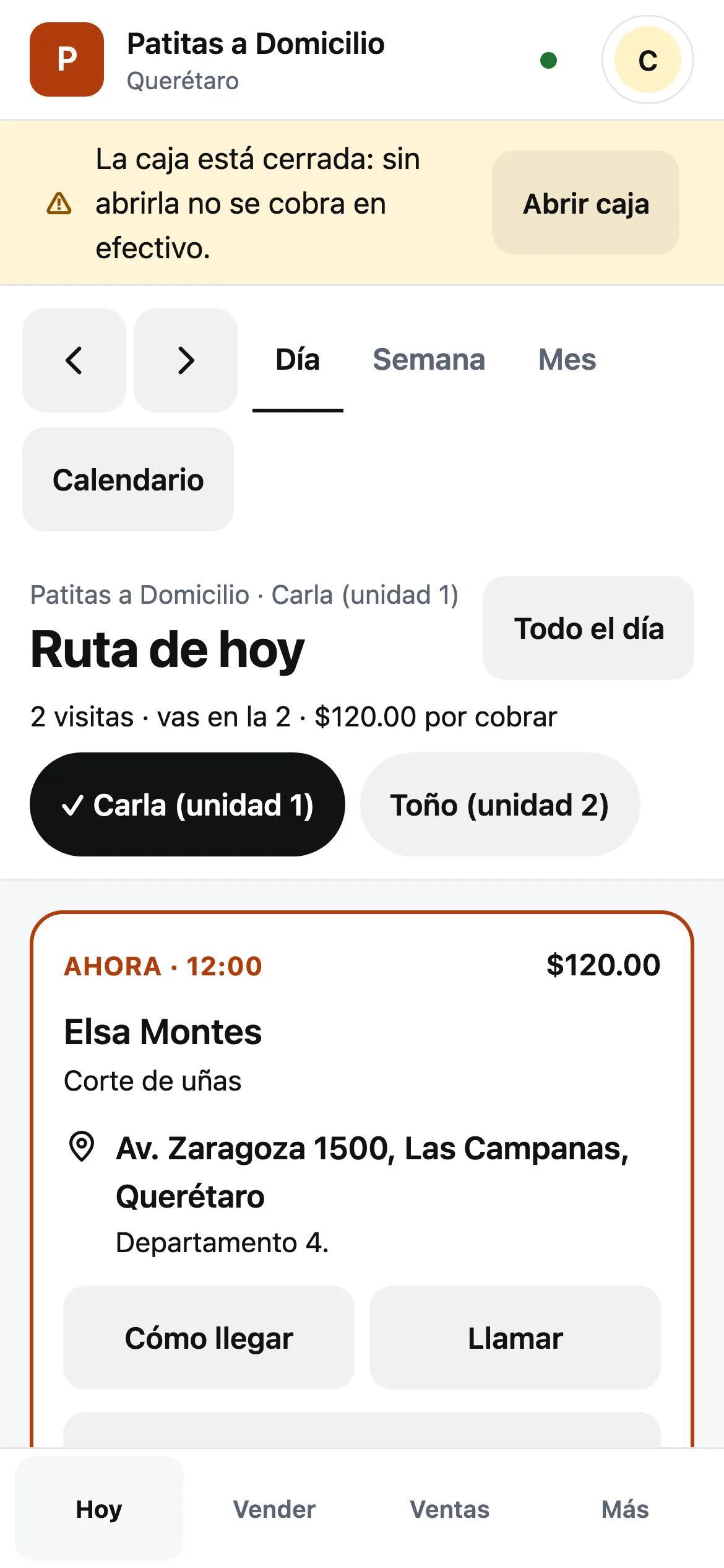 La ruta de hoy en el celular con la visita de ahora: Para Coco (chico) arriba del servicio