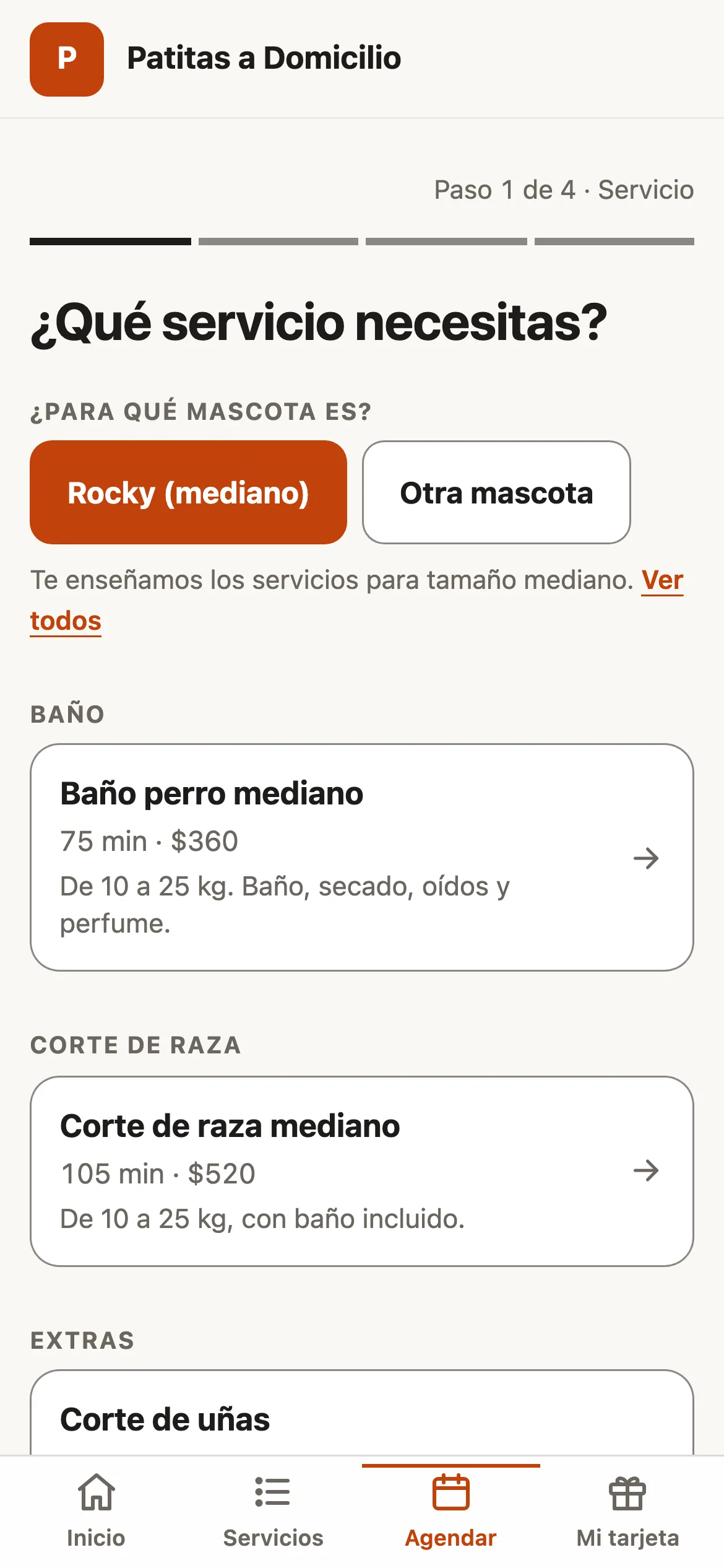 El sitio de Patitas con Rocky (mediano) elegido arriba de los servicios