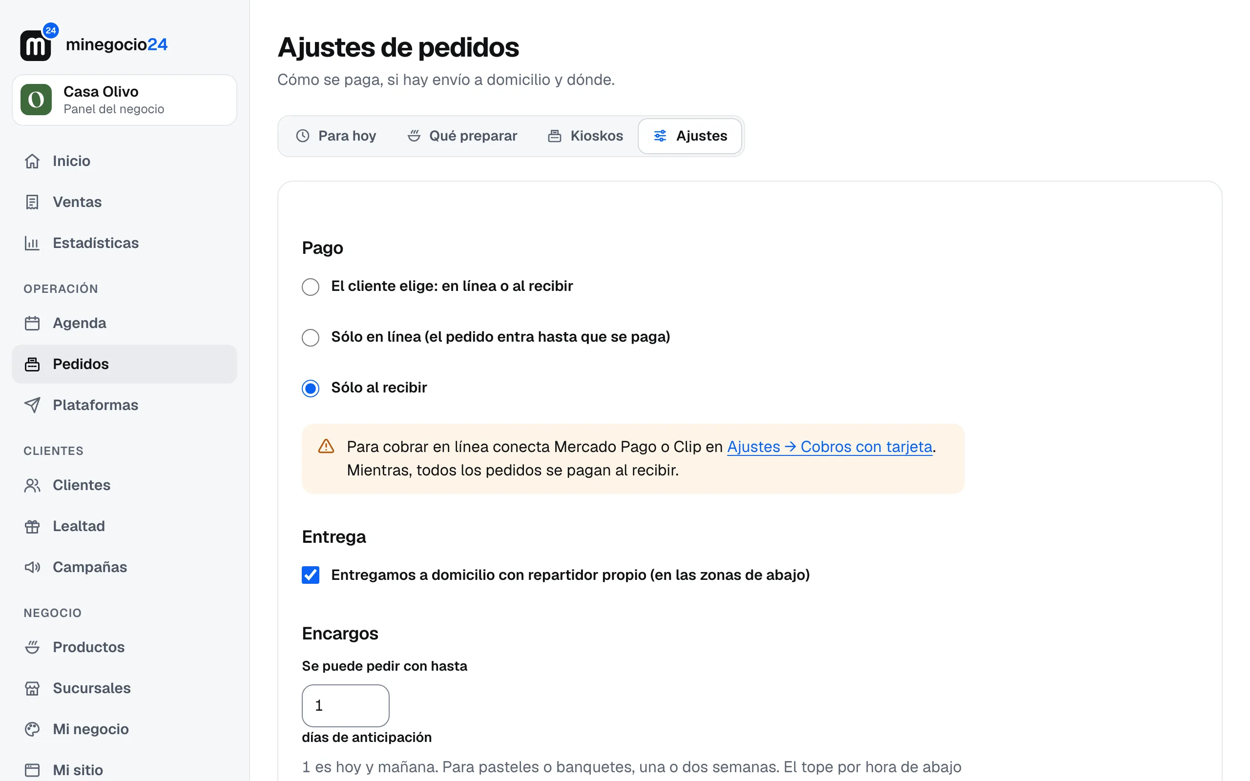 Ajustes de pedidos con Pago, Entrega y Encargos