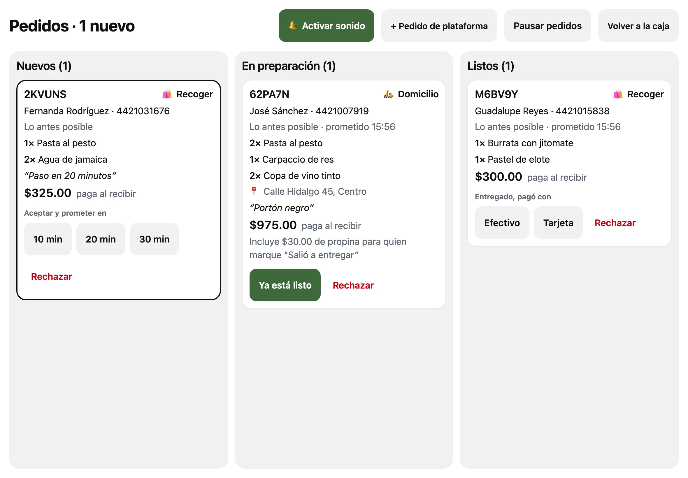 Los pedidos en la caja en tres columnas: Nuevos, En preparación y Listos, con el botón Activar sonido