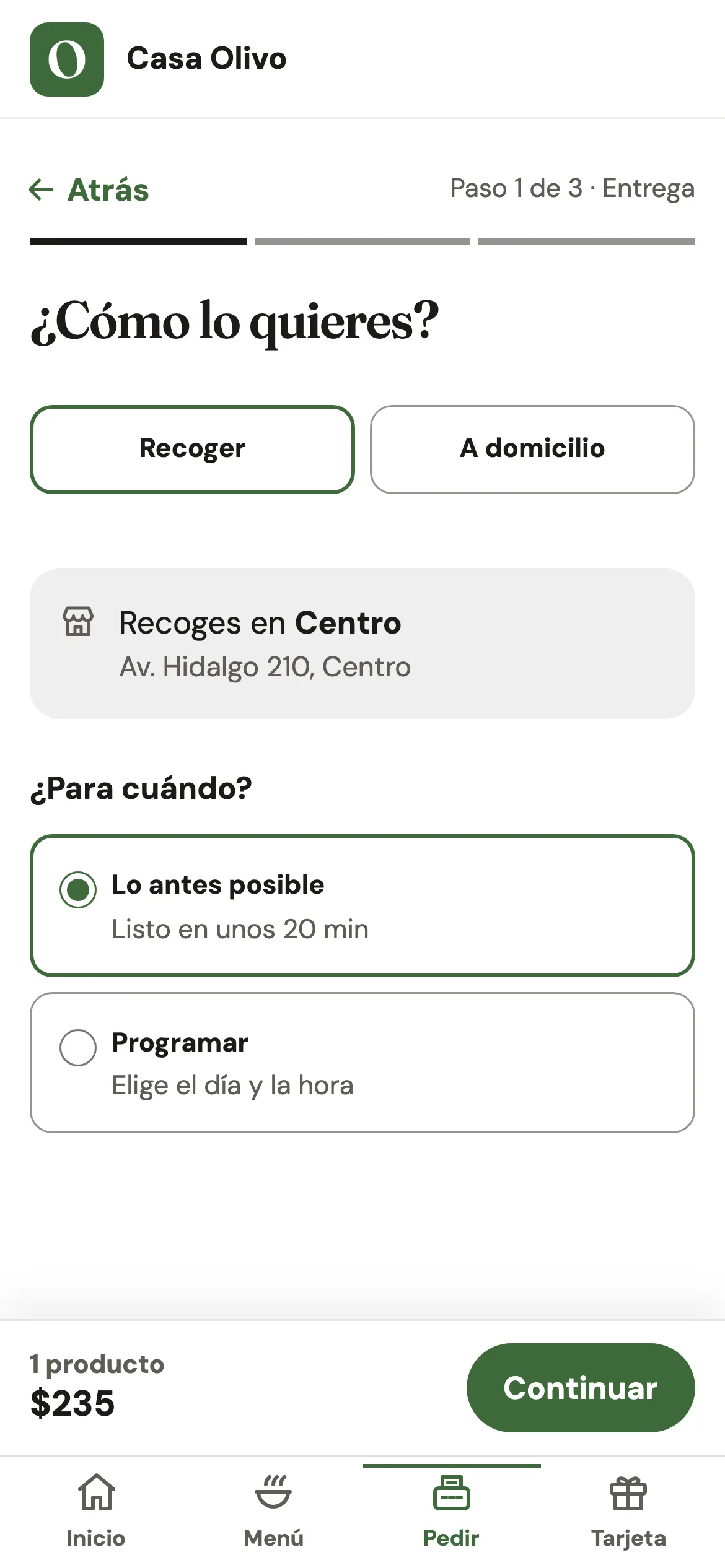 El paso Cómo lo quieres, con Recoger elegido, la sucursal Centro y Lo antes posible, listo en unos 20 minutos