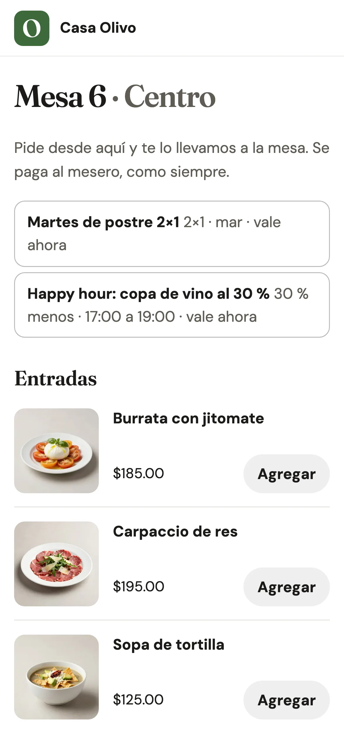 El menú de la Mesa 6 en el celular del comensal: Pide desde aquí y te lo llevamos a la mesa. Se paga al mesero, como siempre
