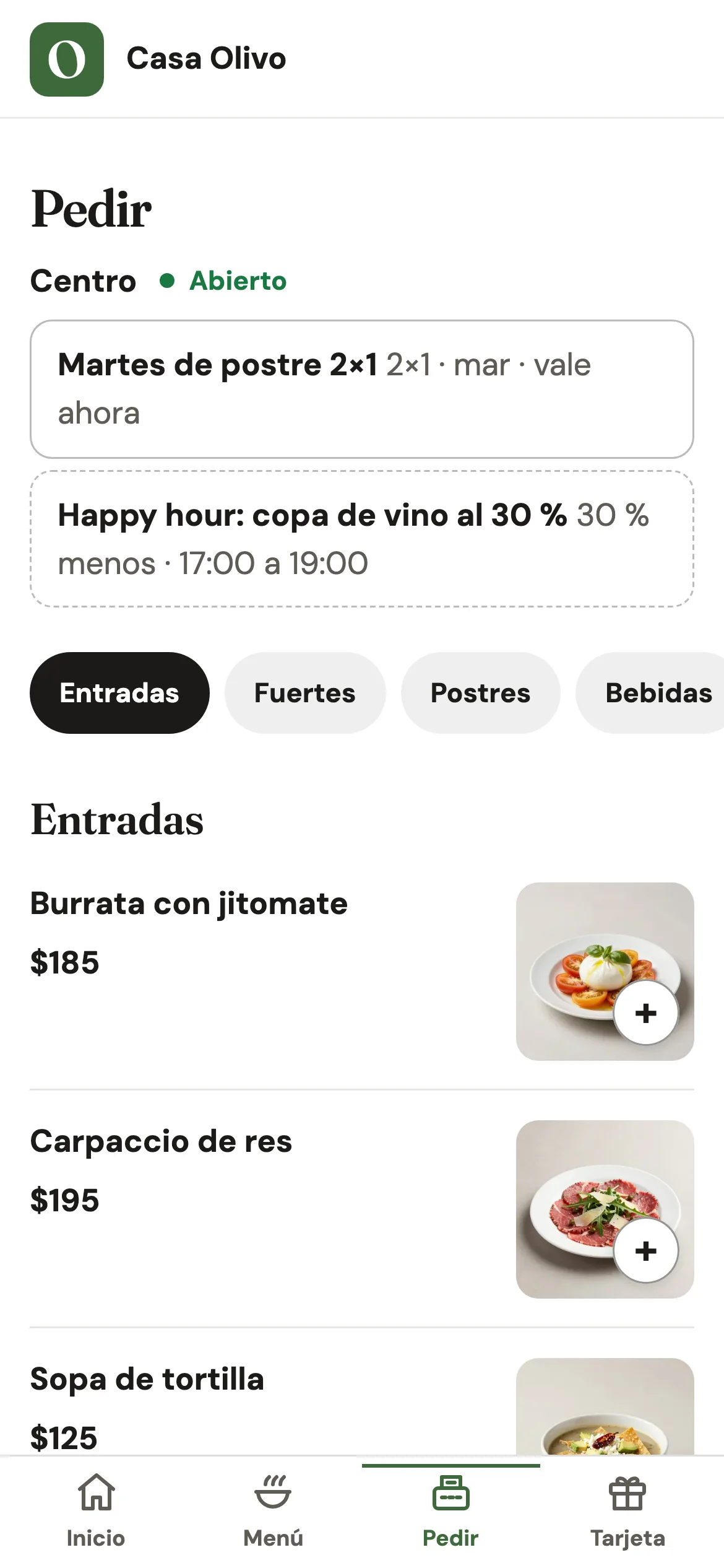 El menú para pedir en el celular, con la sucursal Centro abierta, las promociones del día y las entradas con su foto