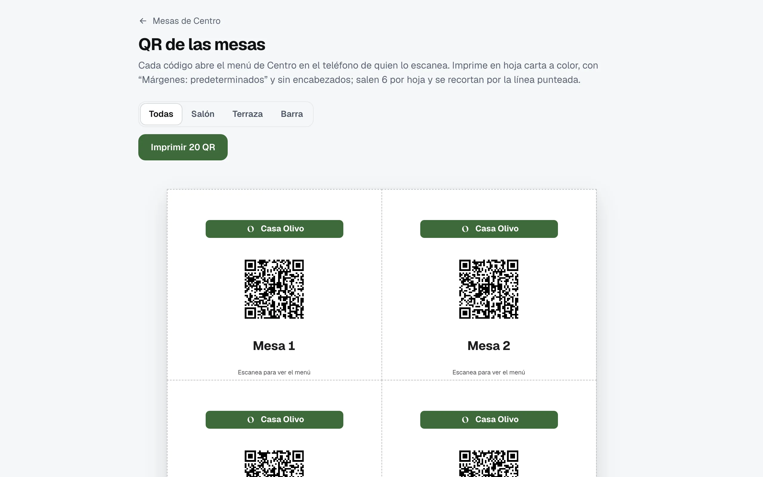La hoja QR de las mesas con el QR de Mesa 1 y Mesa 2 y el botón Imprimir 20 QR