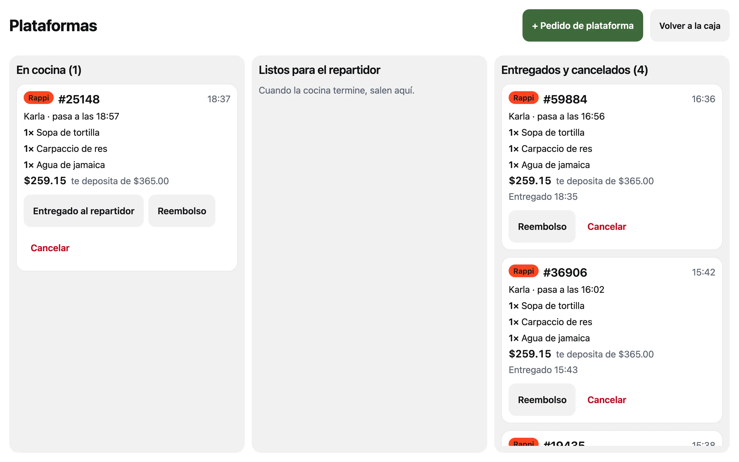 Plataformas en la caja con un pedido de Rappi en cocina y dos en Entregados y cancelados