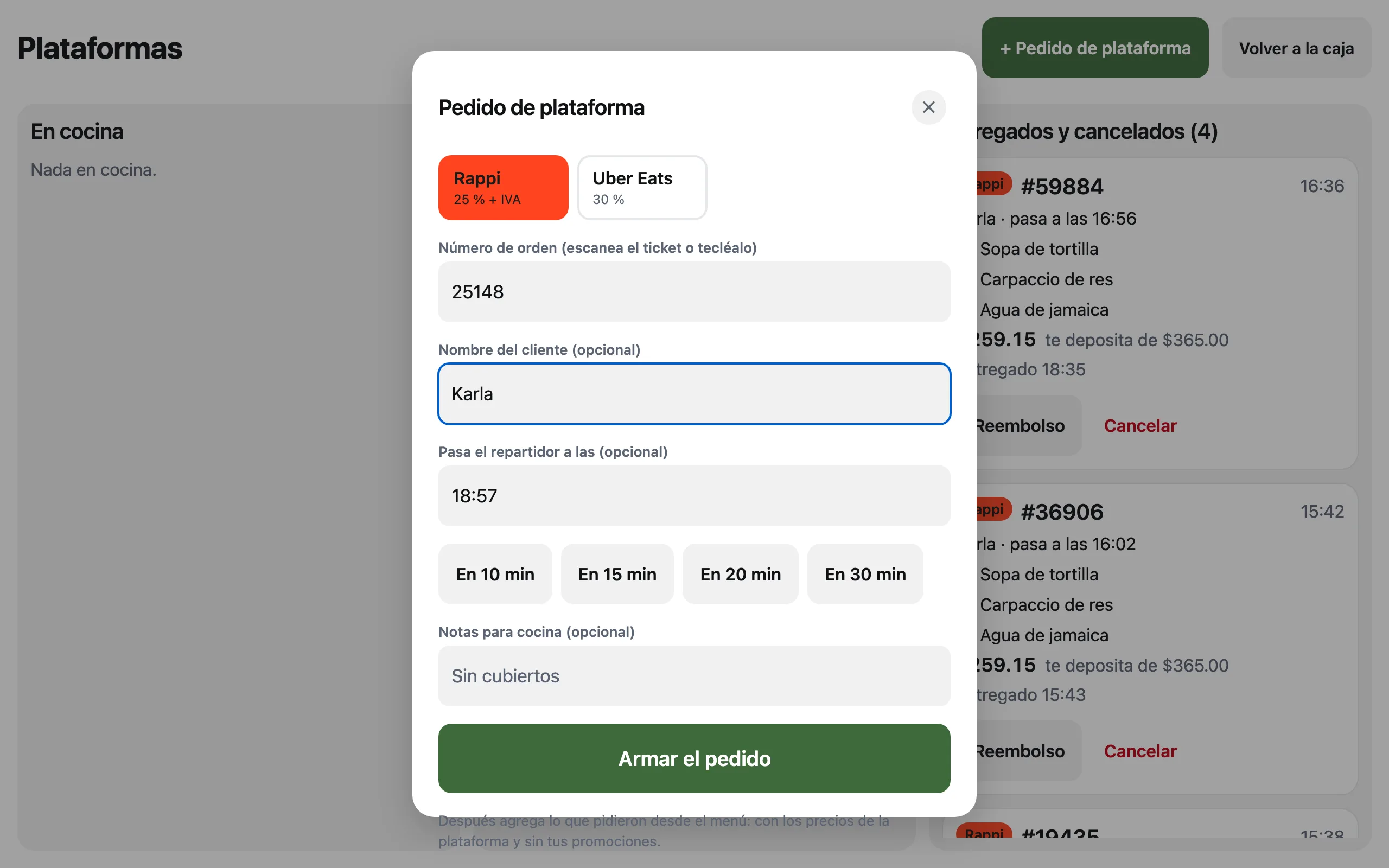 La ventana Pedido de plataforma con Rappi elegida, el número de orden, el cliente Karla y la hora en que pasa el repartidor