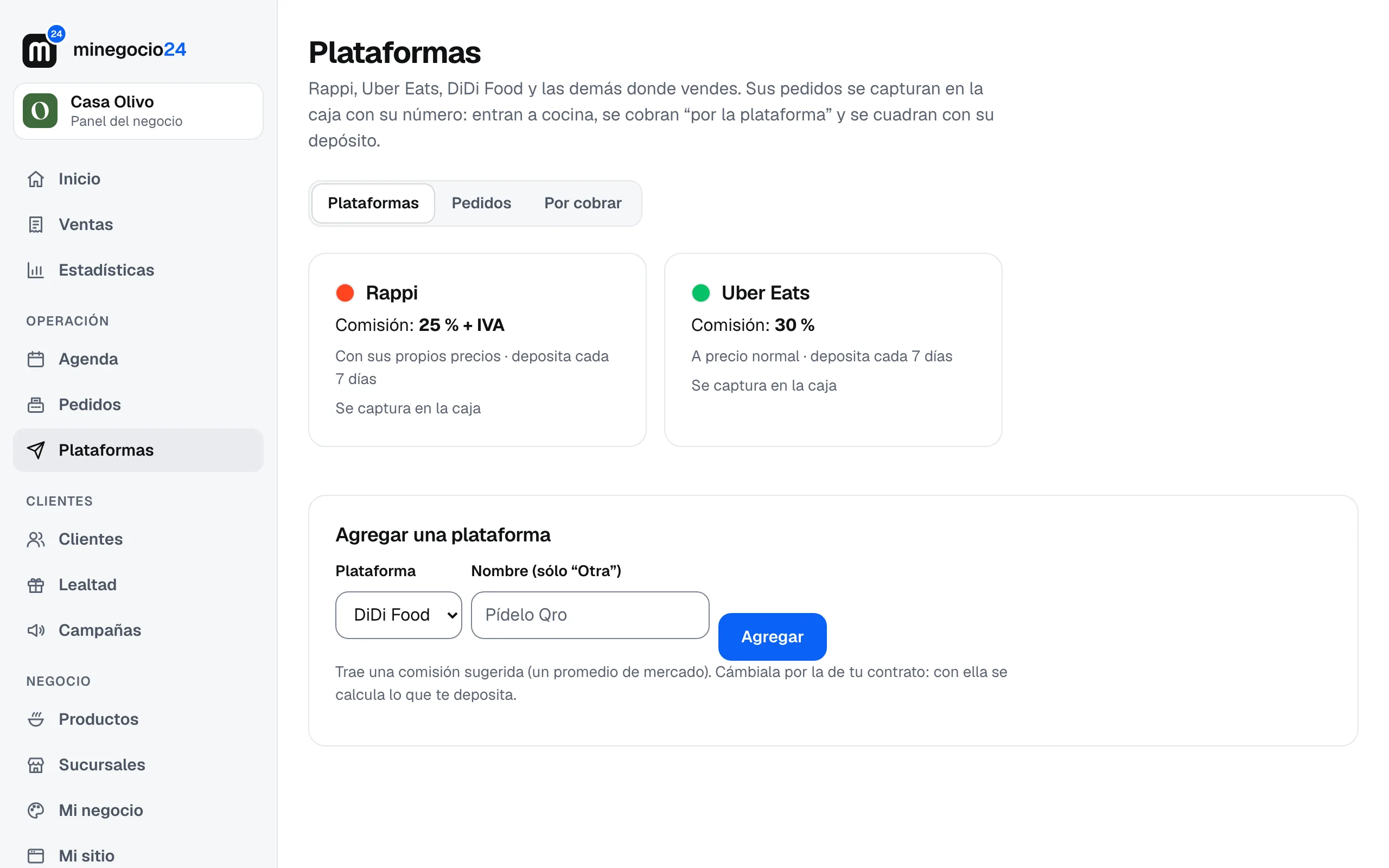 La página Plataformas con Rappi al 25 % más IVA y Uber Eats al 30 %, y abajo Agregar una plataforma