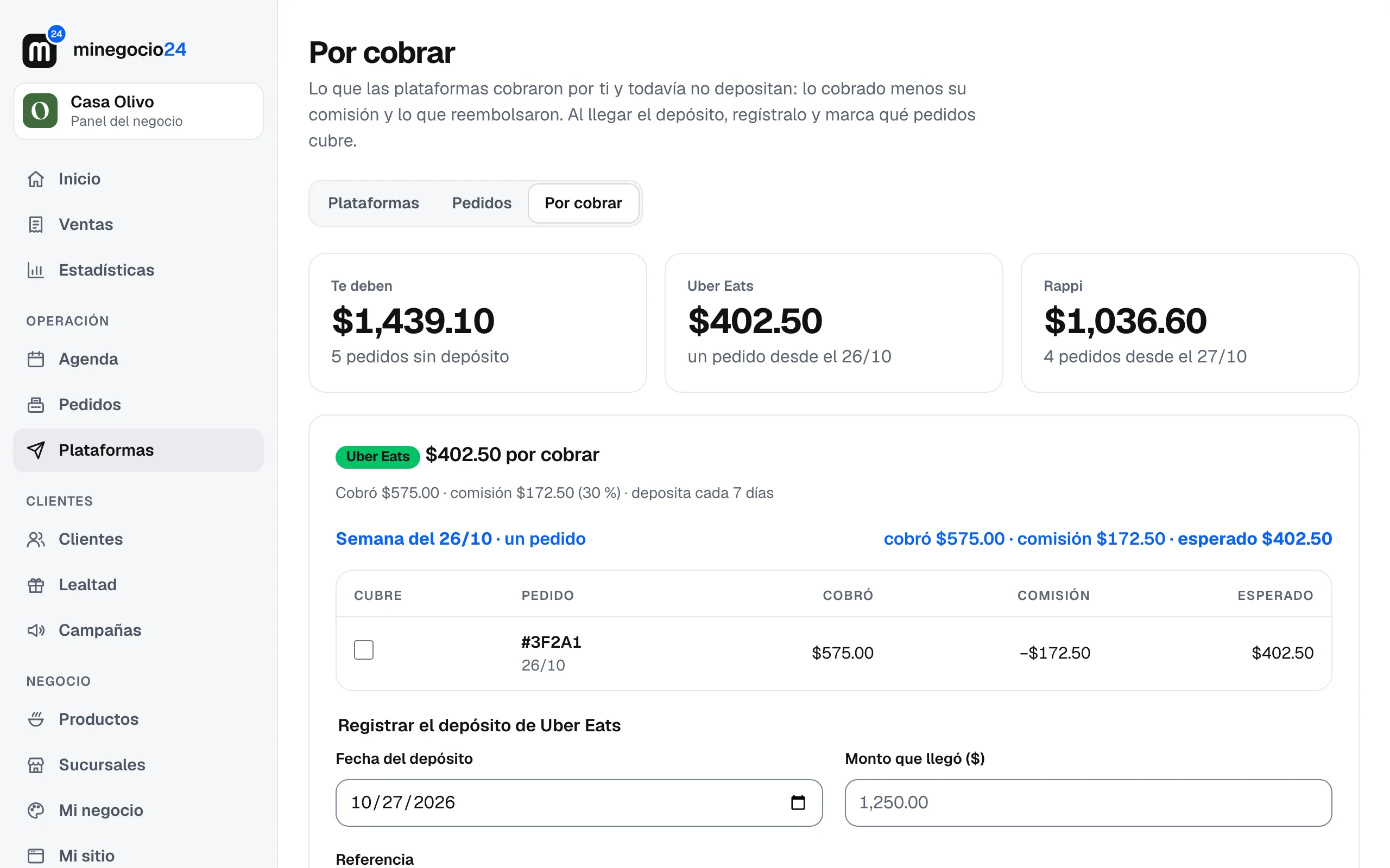 Por cobrar: Uber Eats te debe 402.50 pesos de un pedido, con el formulario para registrar su depósito