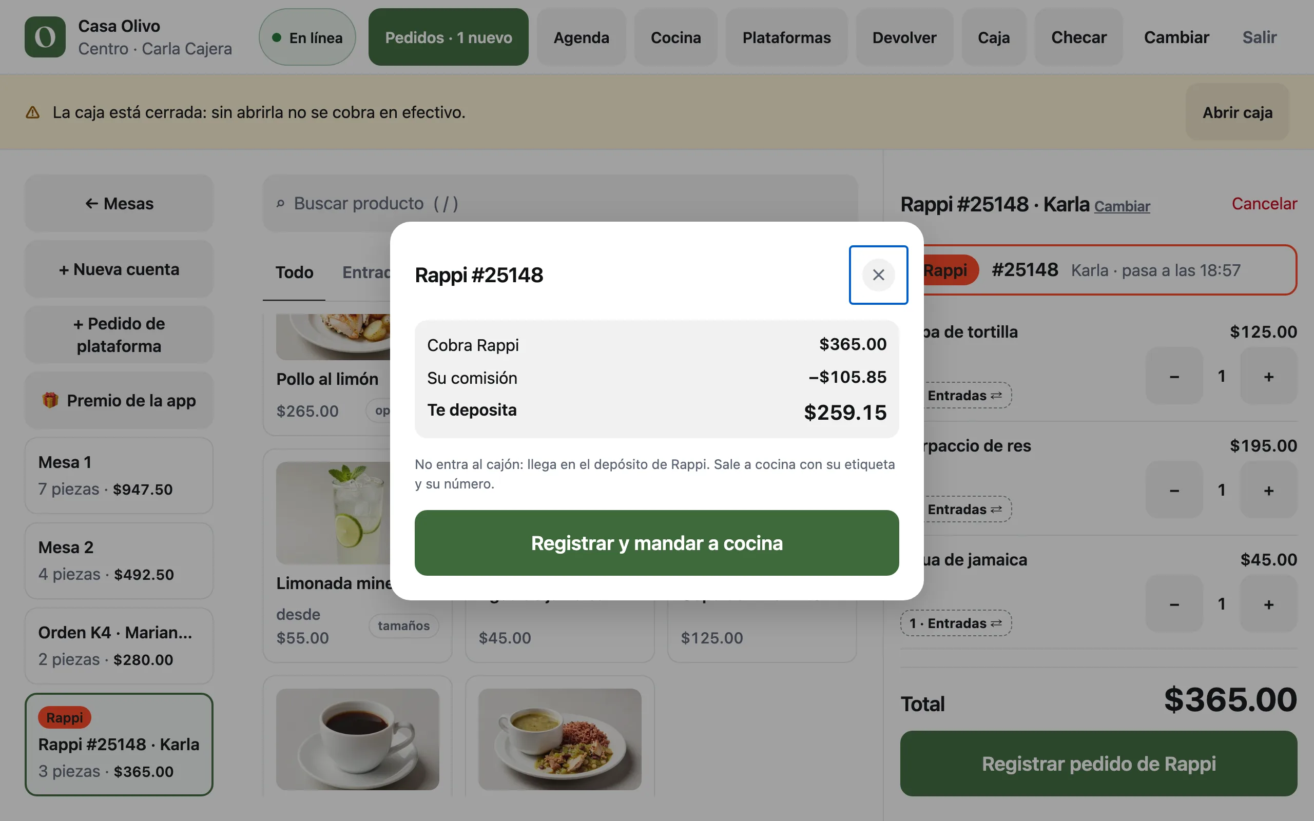 La ventana Rappi con lo que cobra Rappi, su comisión y lo que te deposita, y el botón Registrar y mandar a cocina