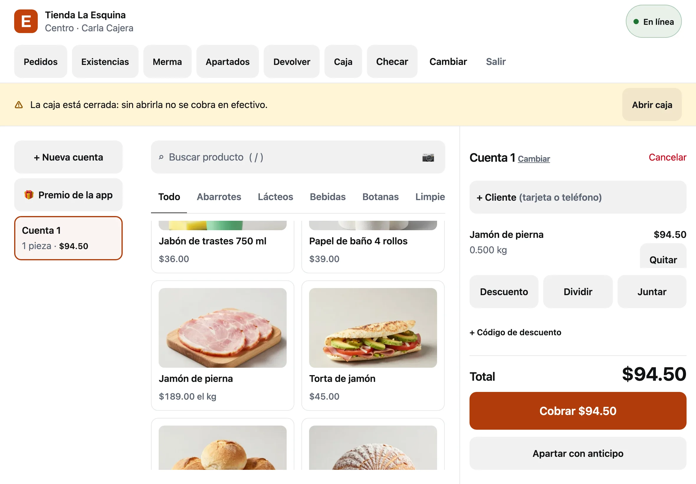 La cuenta con el Jamón de pierna: 0.500 kg a $94.50 y el botón Quitar
