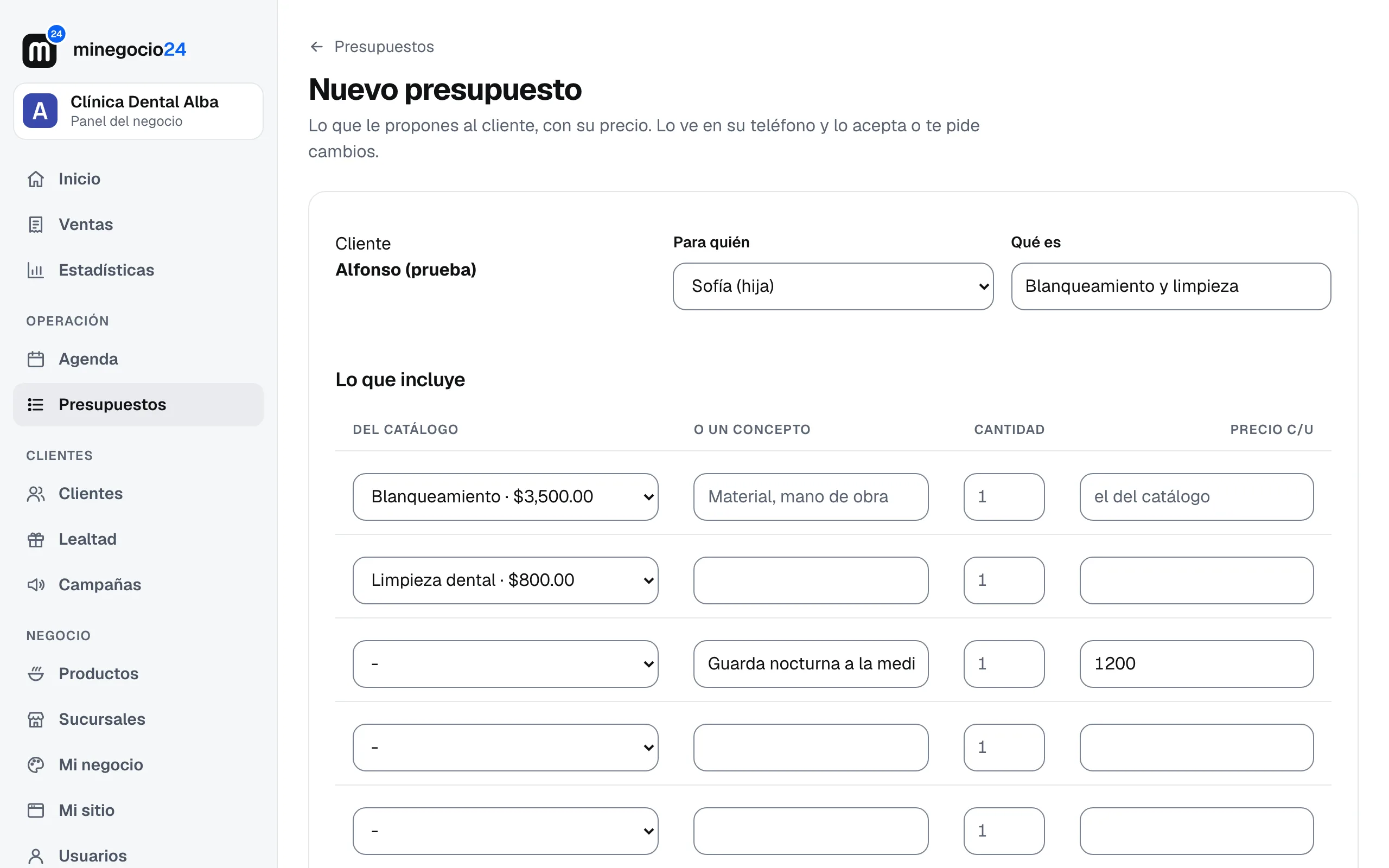 El formulario de Nuevo presupuesto: el cliente, para quién, qué es, los renglones del catálogo o con un concepto, el descuento, la vigencia, las citas que incluye y cómo se paga