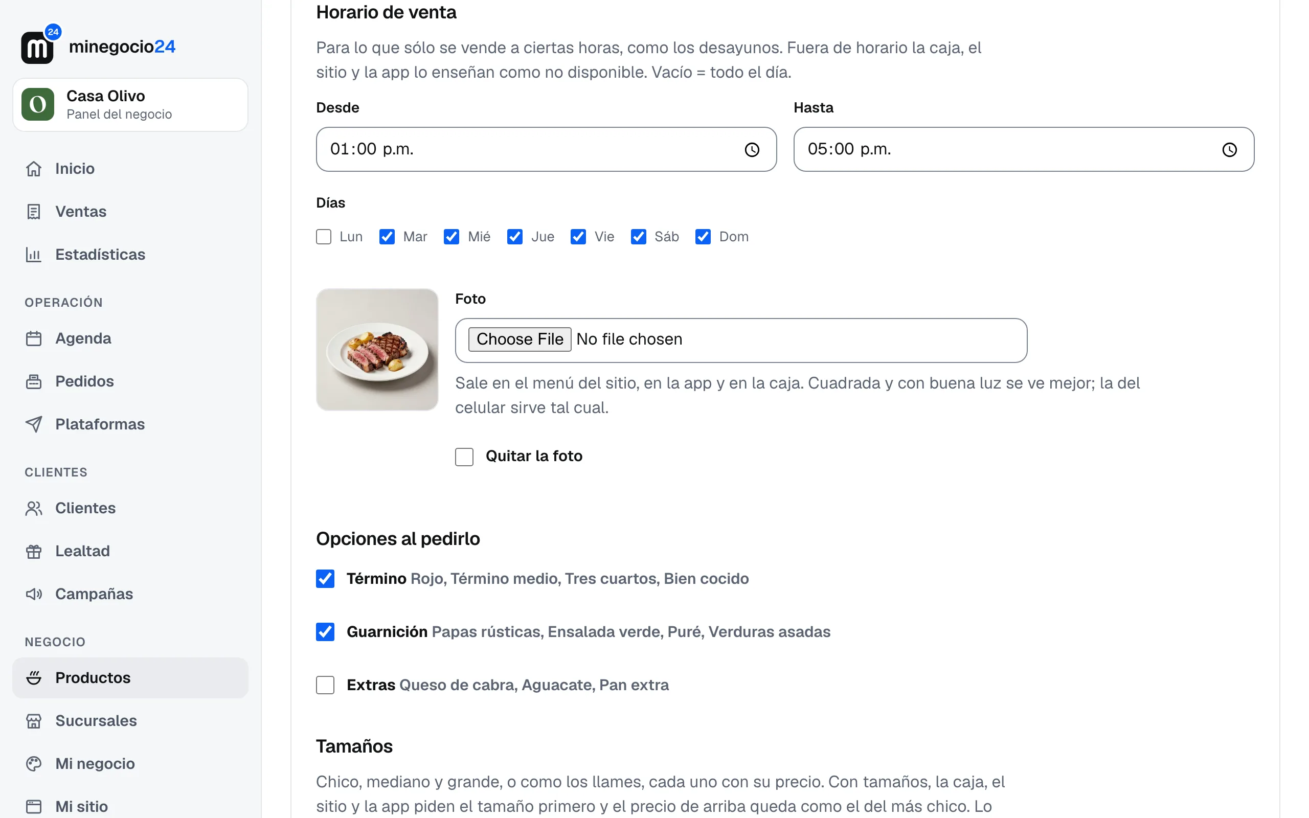 El horario de venta de un producto: de 1:00 a 5:00 de la tarde, de martes a domingo