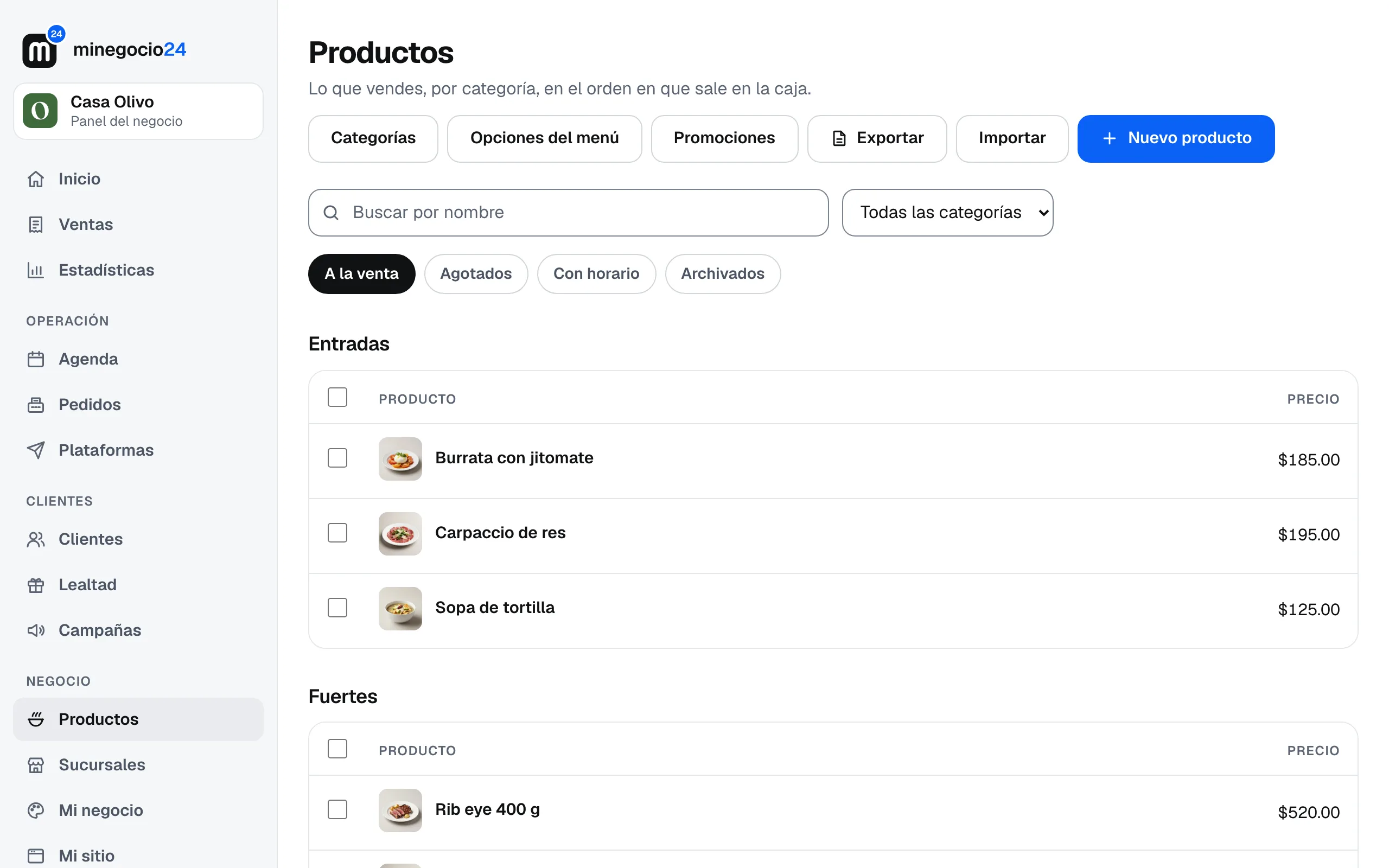 La lista de productos de Casa Olivo, agrupados por categoría, con foto y precio