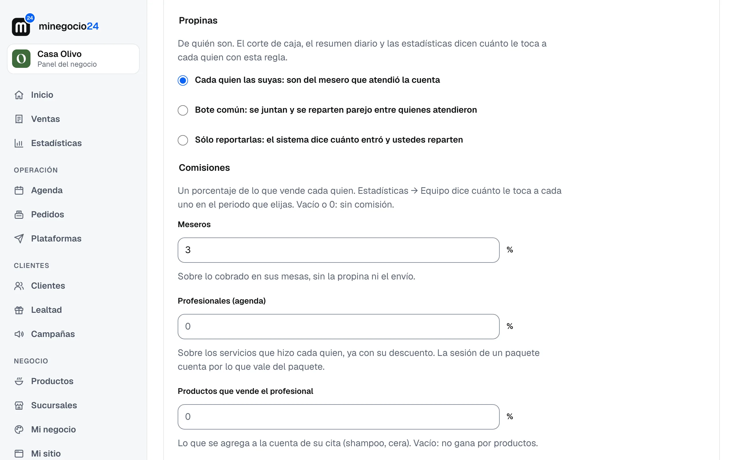 El apartado Propinas de Caja y efectivo con las tres reglas, y debajo Comisiones con el 3 % para meseros
