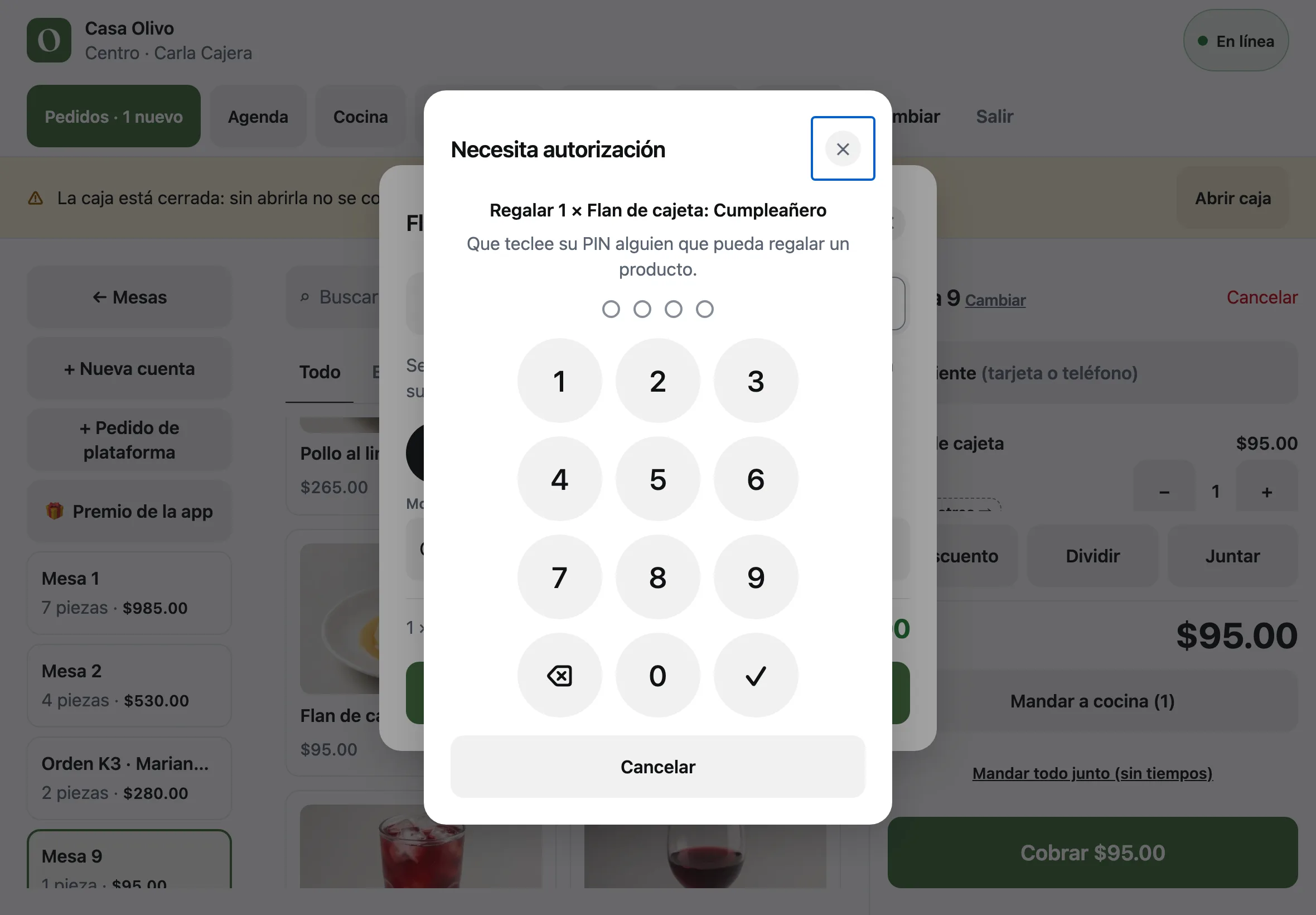 La ventana Necesita autorización para regalar un flan de cajeta por cumpleaños, con el teclado del PIN